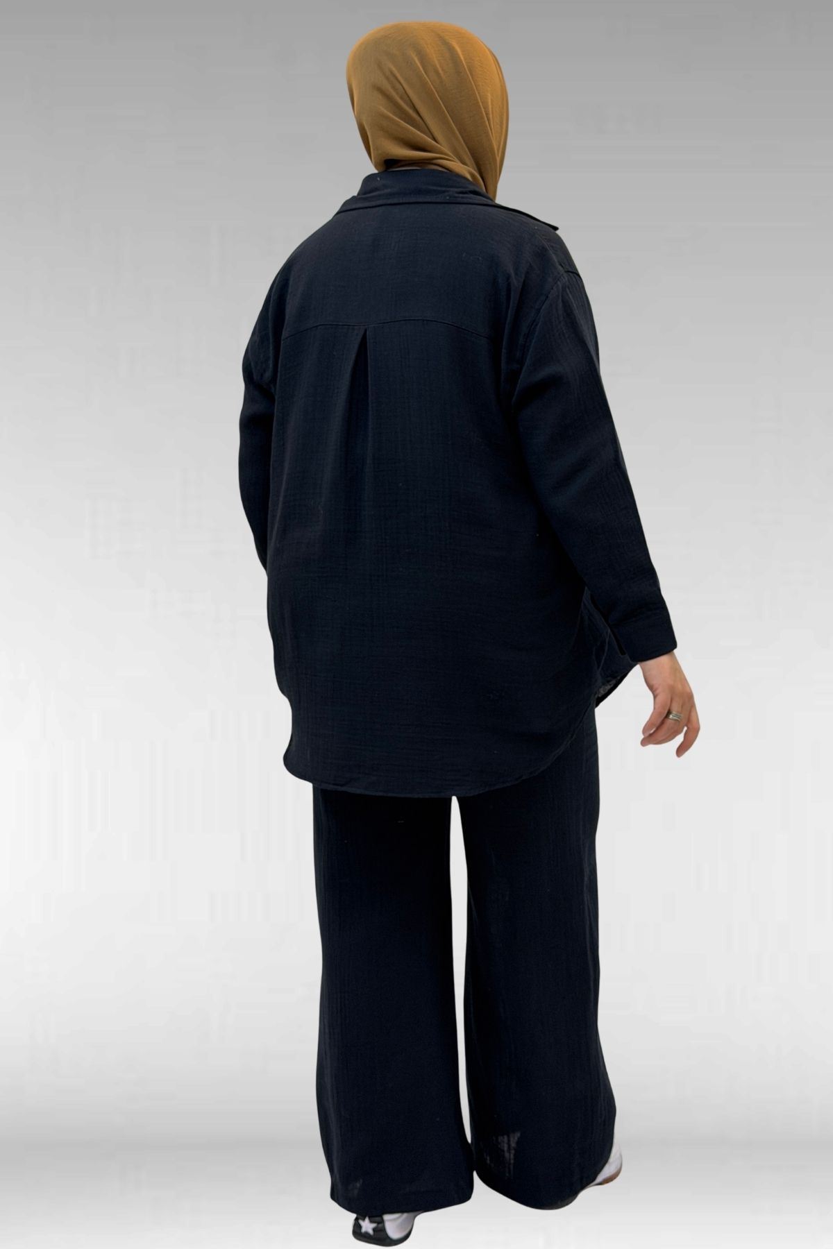 67038 Büyük Beden Erkek Yakalı Müslin Pantolonlu Takım - Siyah