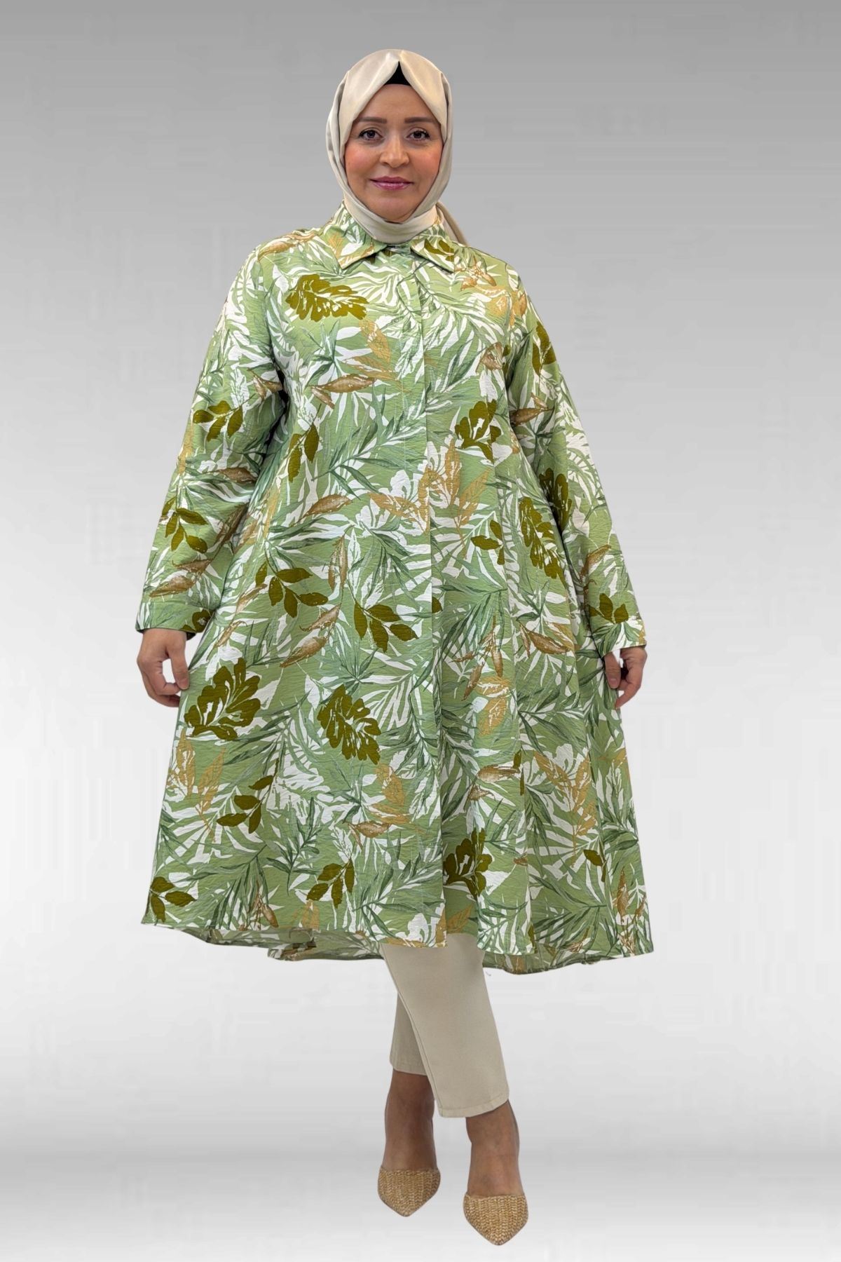 68015 Büyük Beden Mevlana Kesim Mango Gömlek - Desenli Haki