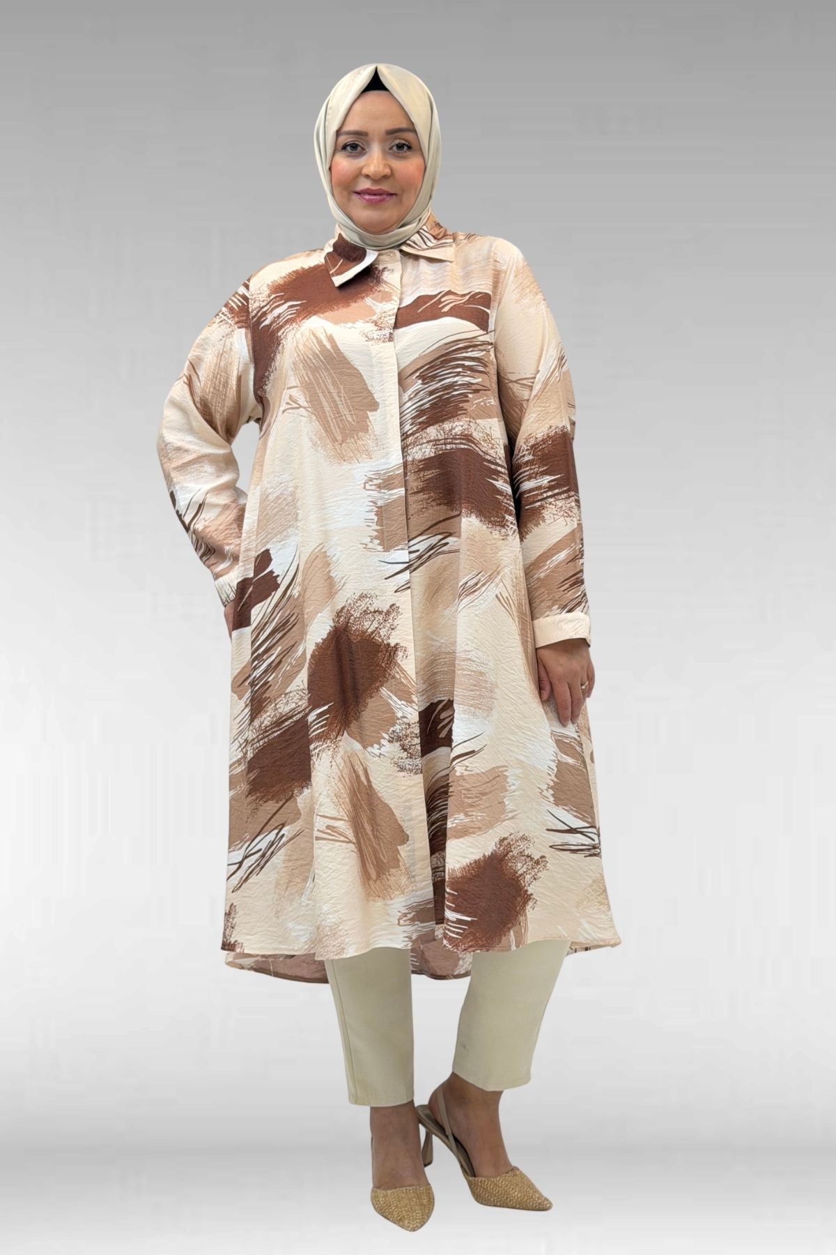 68015 Büyük Beden Mevlana Kesim Mango Gömlek - Desenli Çikolata Kahve