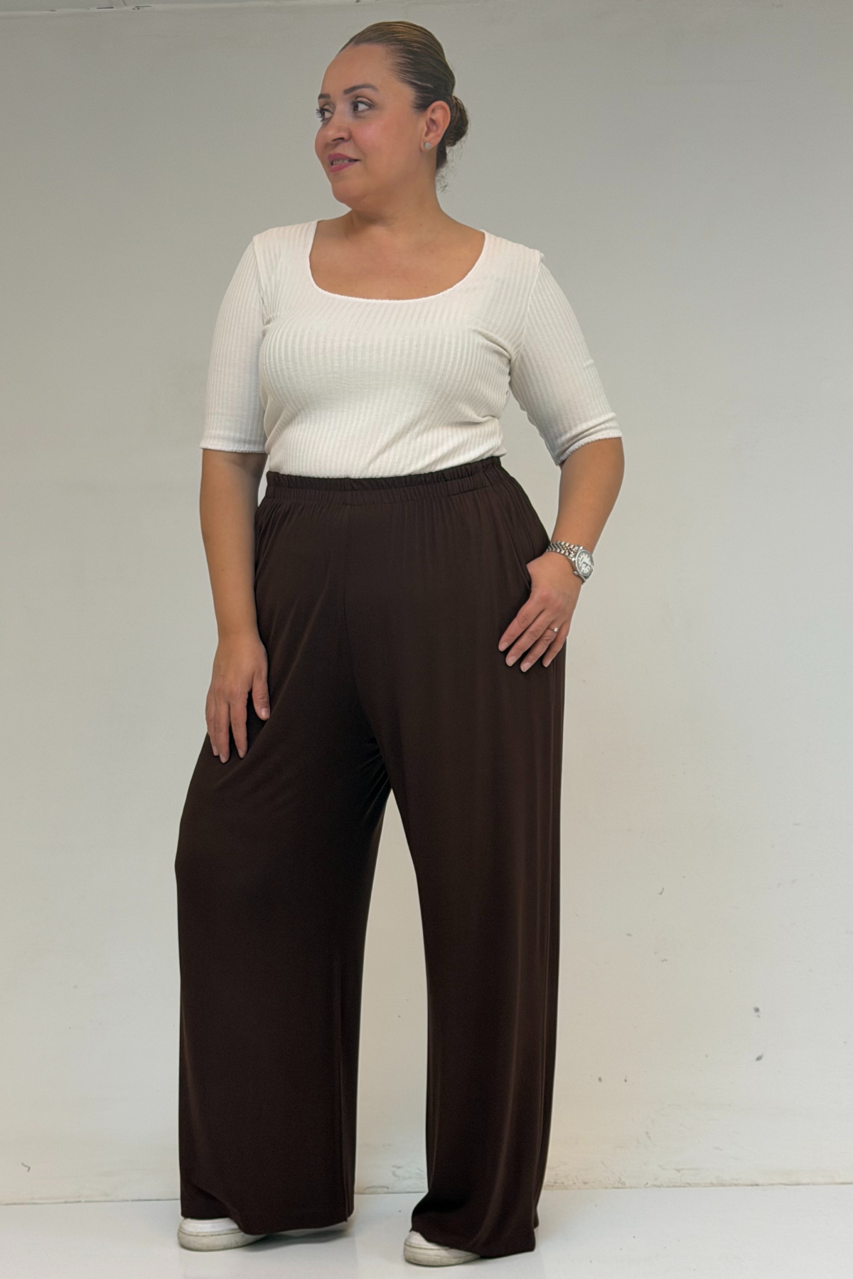 39000 Büyük Beden Yüksek Beli Lastikli Penye Pantolon - Kahve