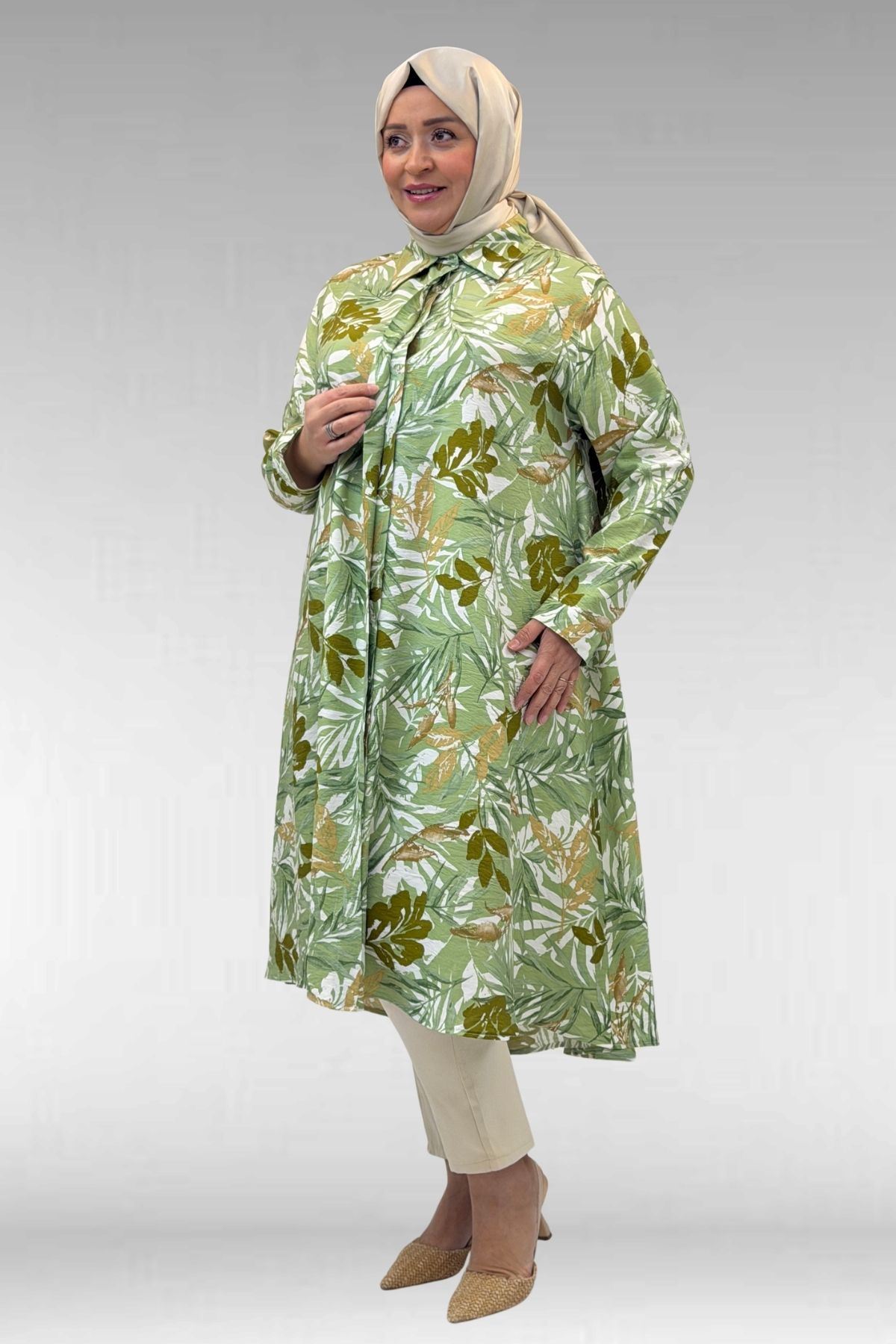 68015 Büyük Beden Mevlana Kesim Mango Gömlek - Desenli Haki