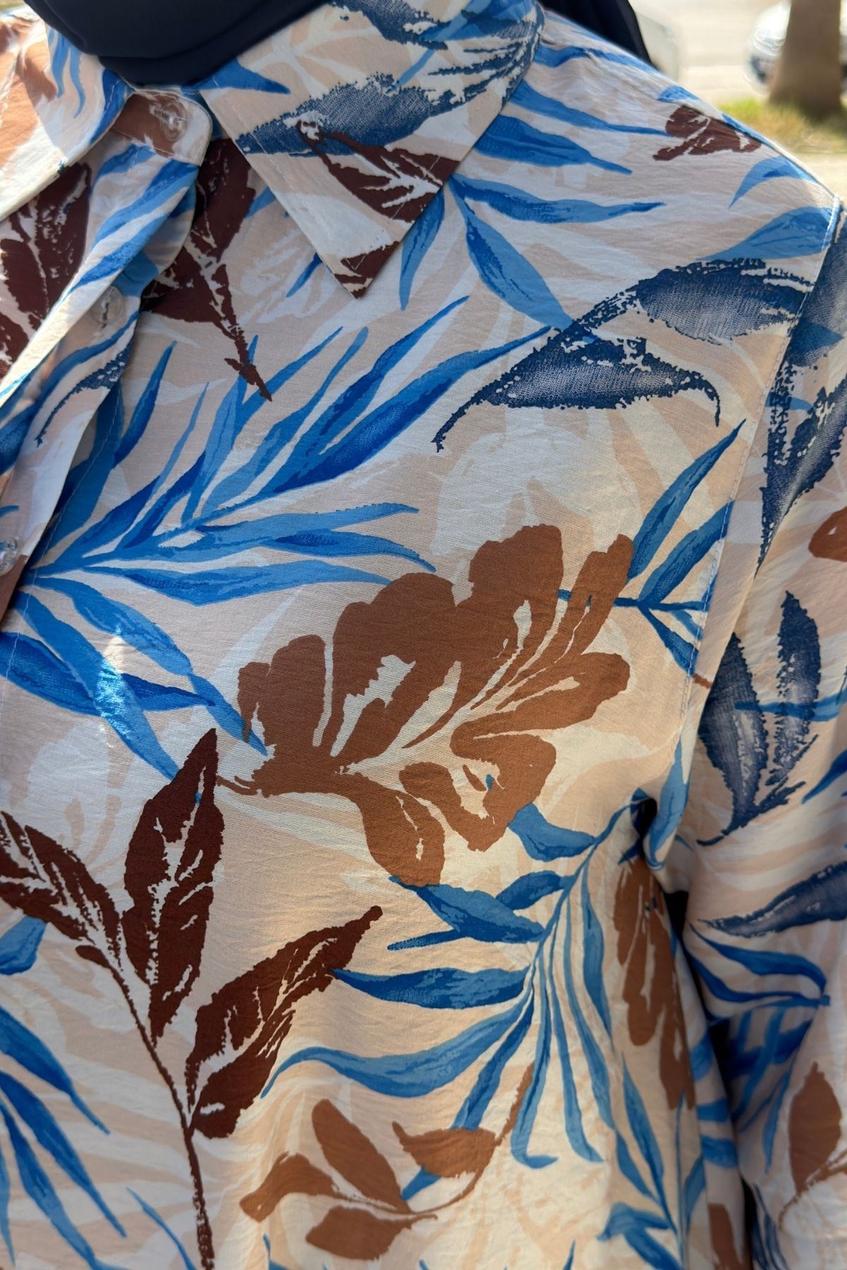 68015 Büyük Beden Mevlana Kesim Mango Gömlek - Yaprak Desen Vizon