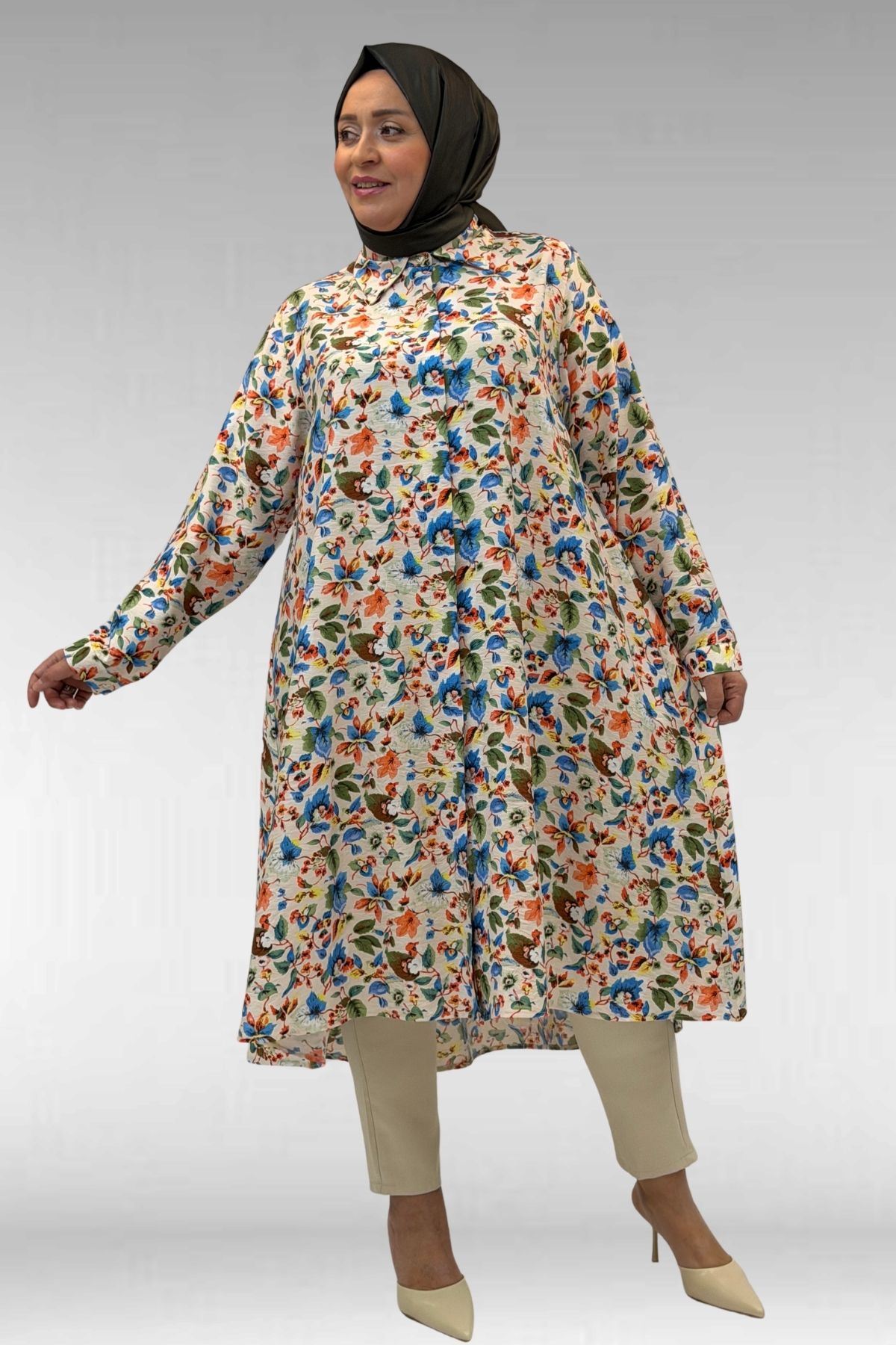 68015 Büyük Beden Mevlana Kesim Mango Gömlek - Desenli Taş