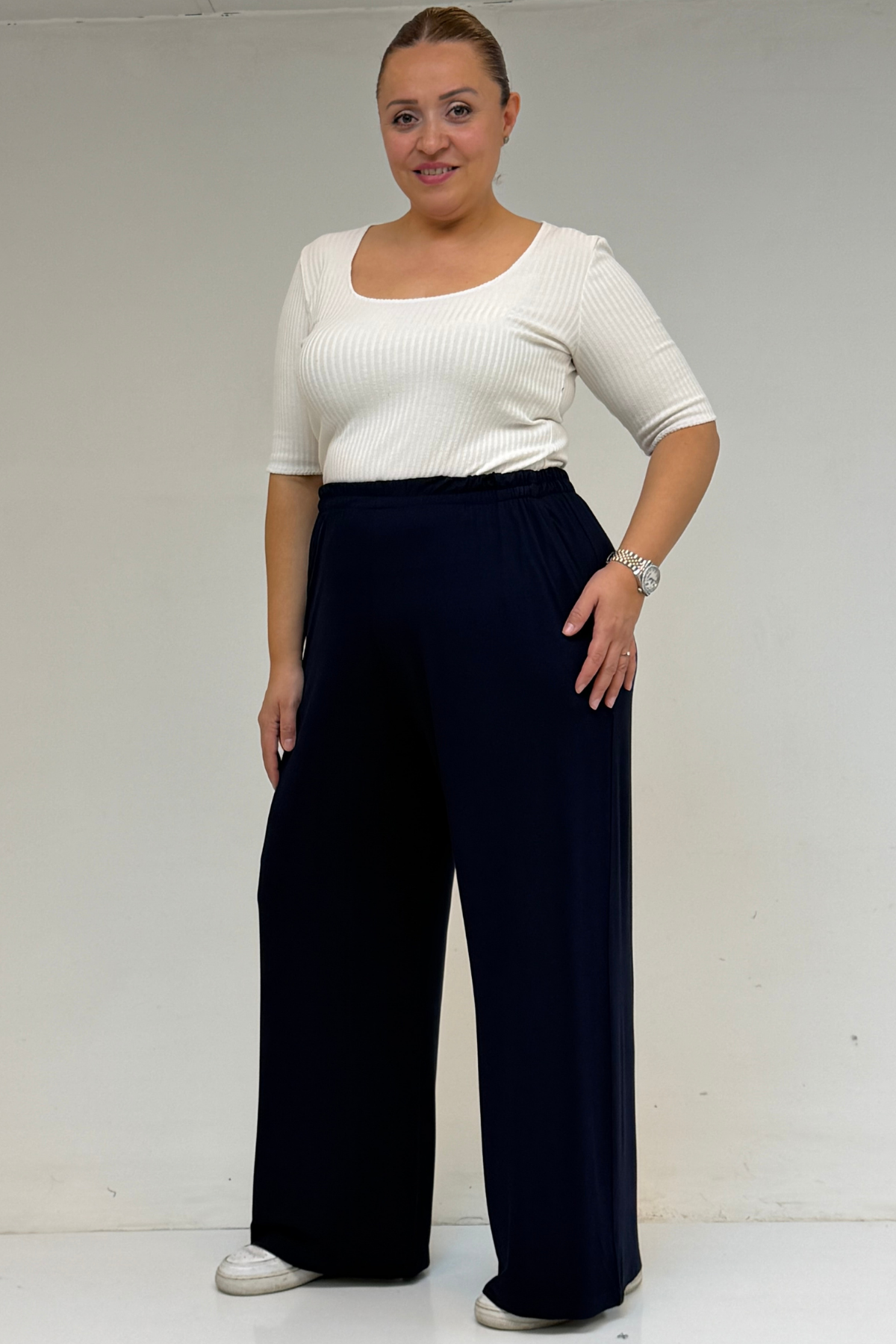 39000 Büyük Beden Yüksek Beli Lastikli Bol Paça Penye Pantolon - Lacivert