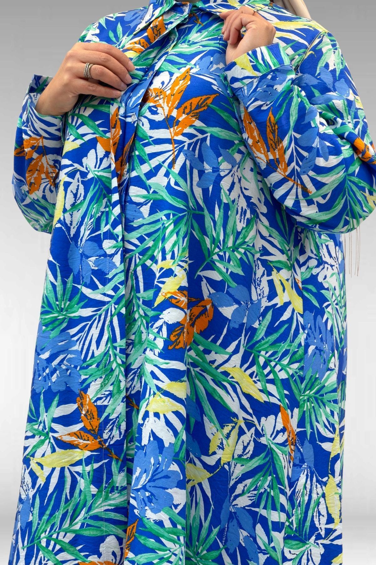 68015 Büyük Beden Mevlana Kesim Mango Gömlek - Desenli Saks