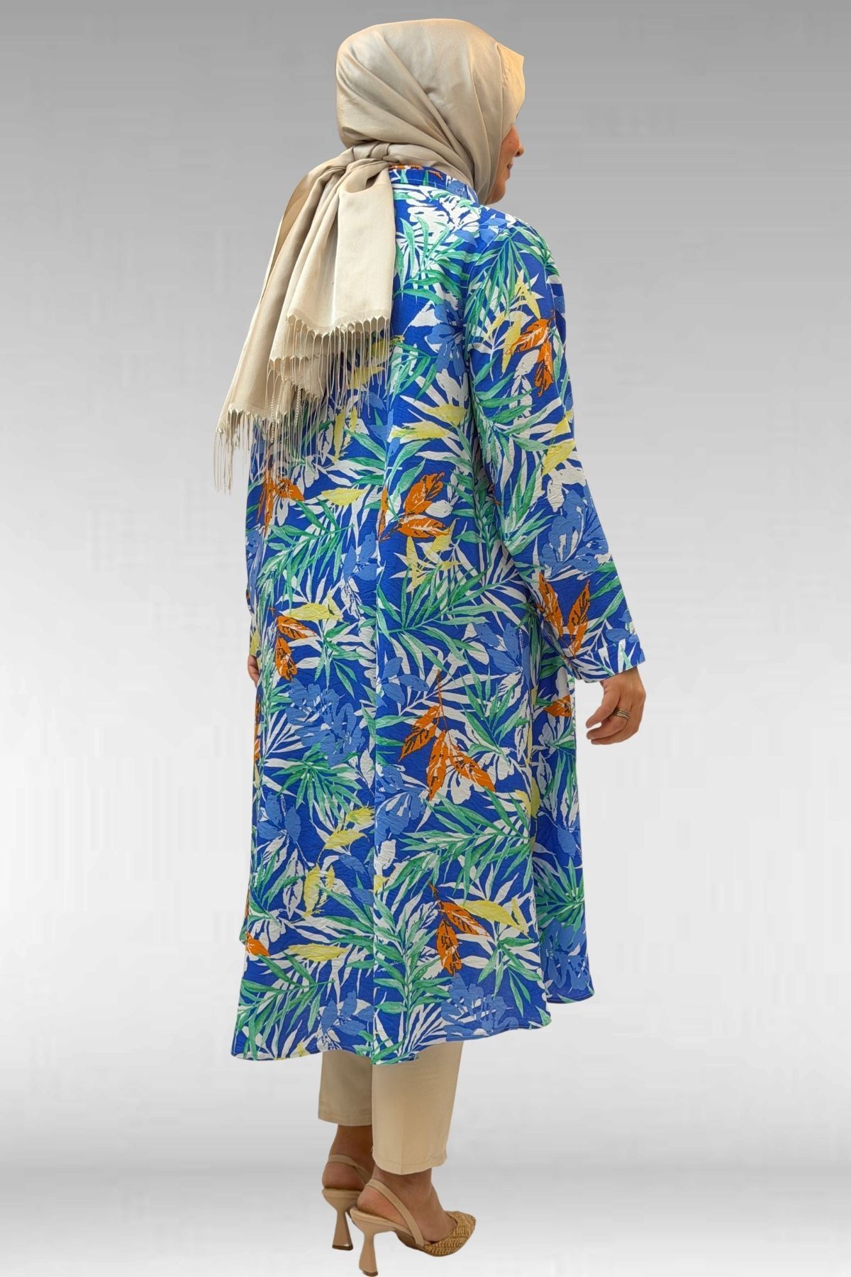 68015 Büyük Beden Mevlana Kesim Mango Gömlek - Desenli Saks