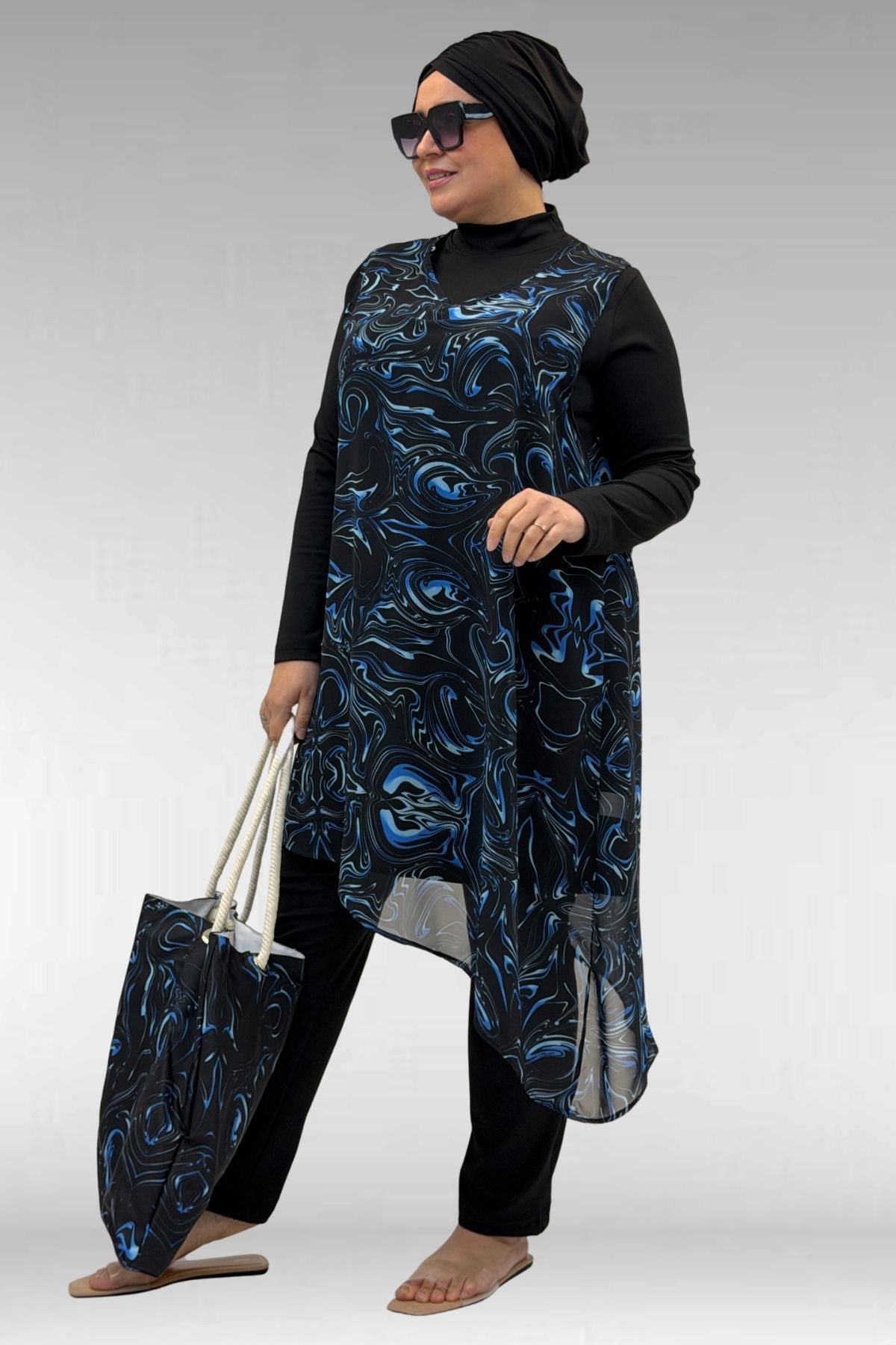 1723 Büyük Beden Uzunkol Şifon Pareolu Tesettür Mayo - Aqua Mavi