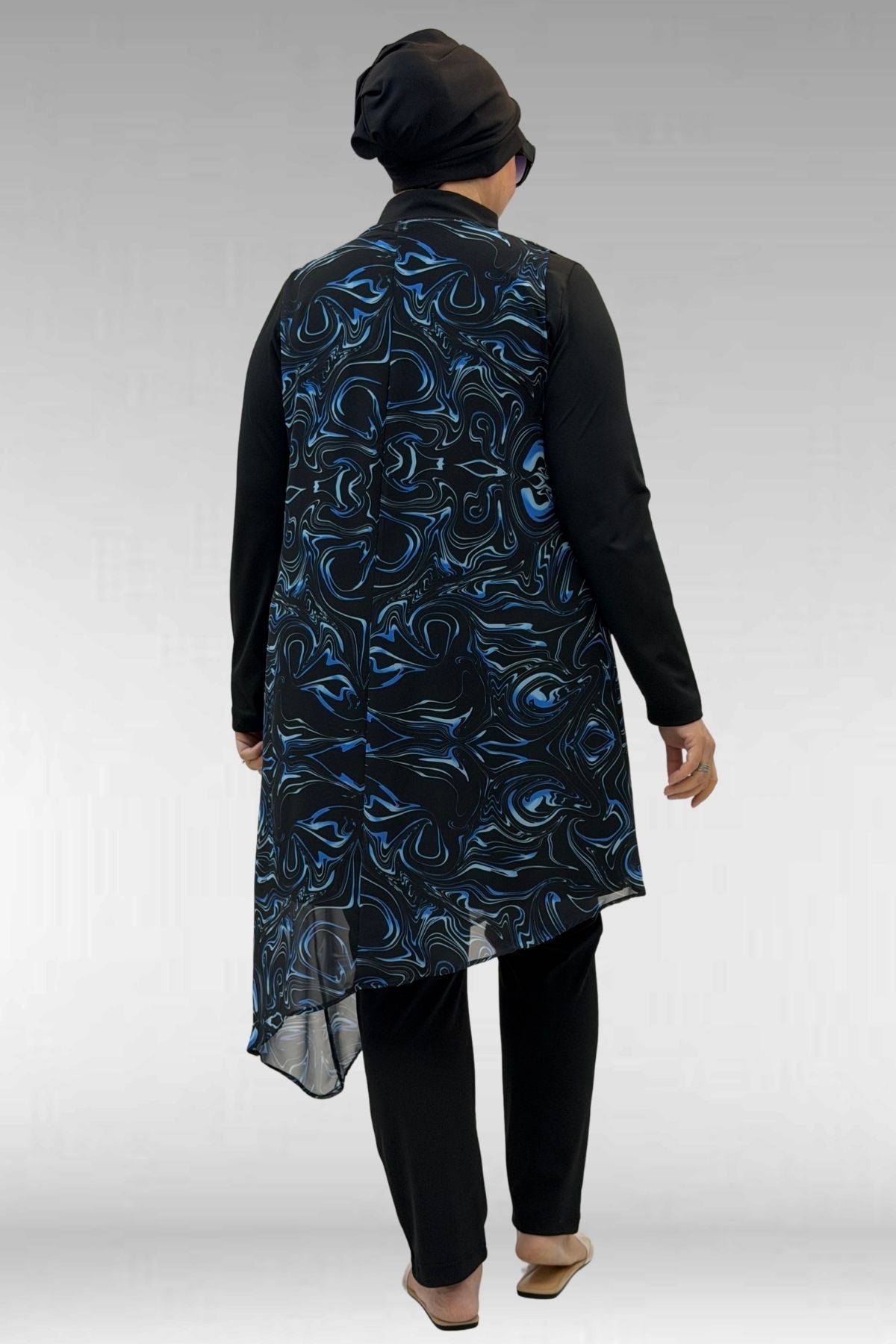 1723 Büyük Beden Uzunkol Şifon Pareolu Tesettür Mayo - Aqua Mavi