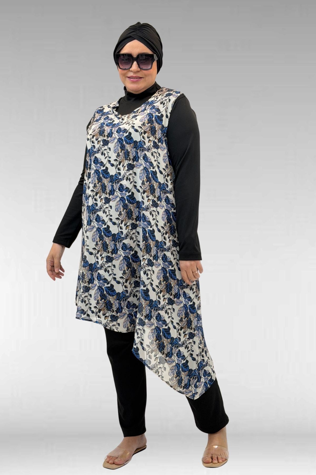 1723 Büyük Beden Uzunkol Şifon Pareolu Tesettür Mayo - Yaprak Desen Mavi