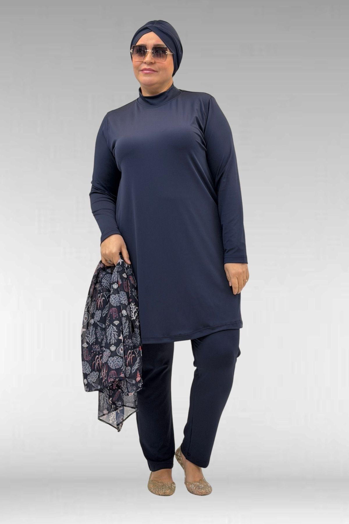 1723 Büyük Beden Uzunkol Şifon Pareolu Tesettür Mayo - Karışık Desen Laci-Laci