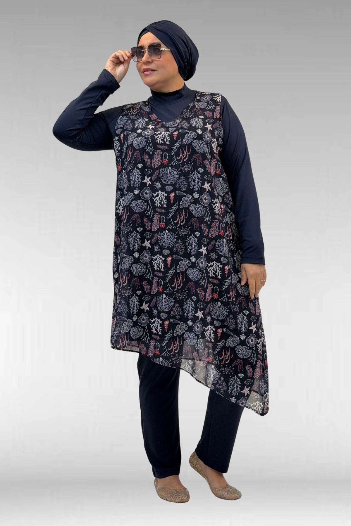 1723 Büyük Beden Uzunkol Şifon Pareolu Tesettür Mayo - Karışık Desen Laci-Laci