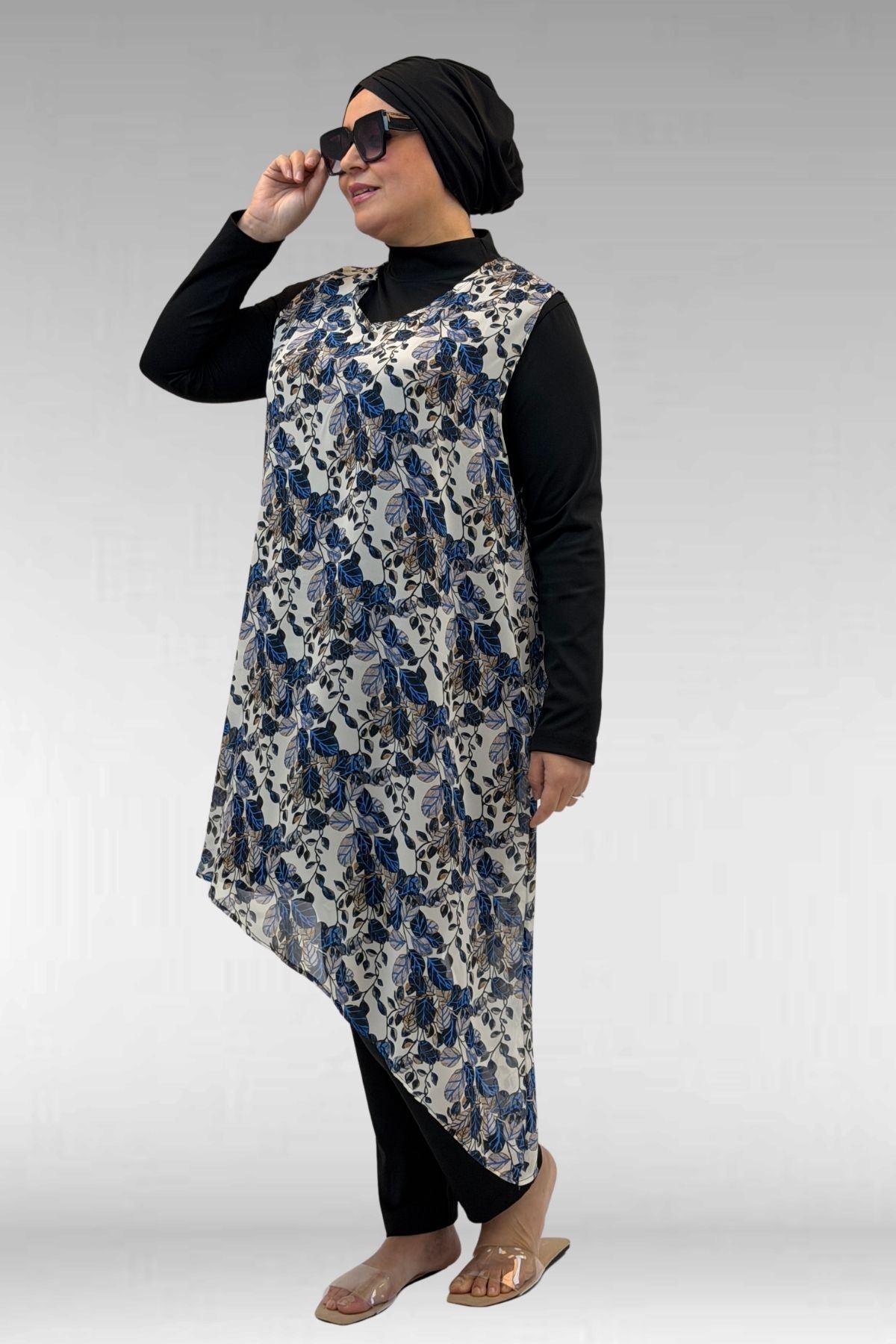 1723 Büyük Beden Uzunkol Şifon Pareolu Tesettür Mayo - Yaprak Desen Mavi