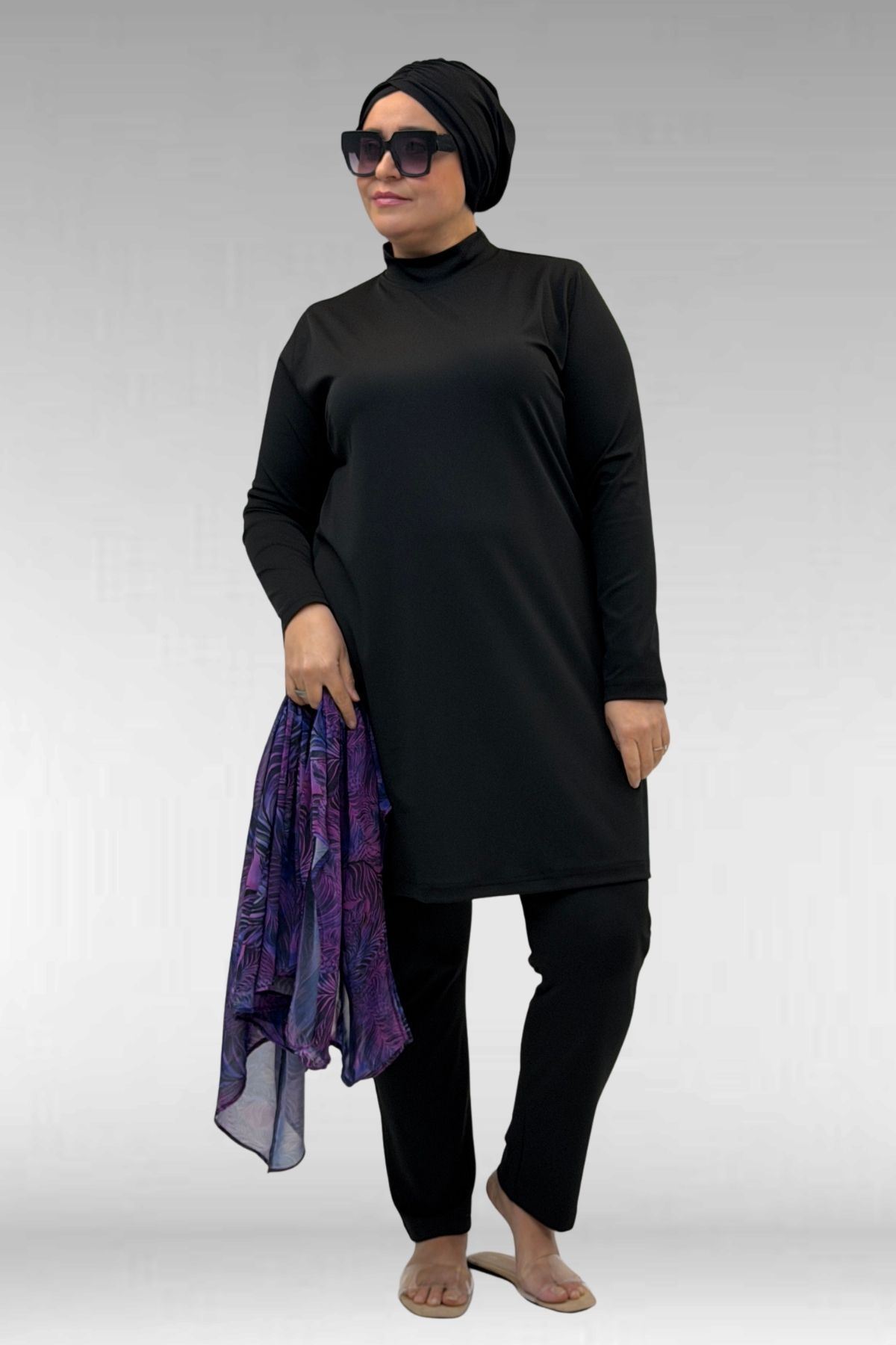 1723 Büyük Beden Uzunkol Şifon Pareolu Tesettür Mayo - Yaprak Desen Mor-Siyah