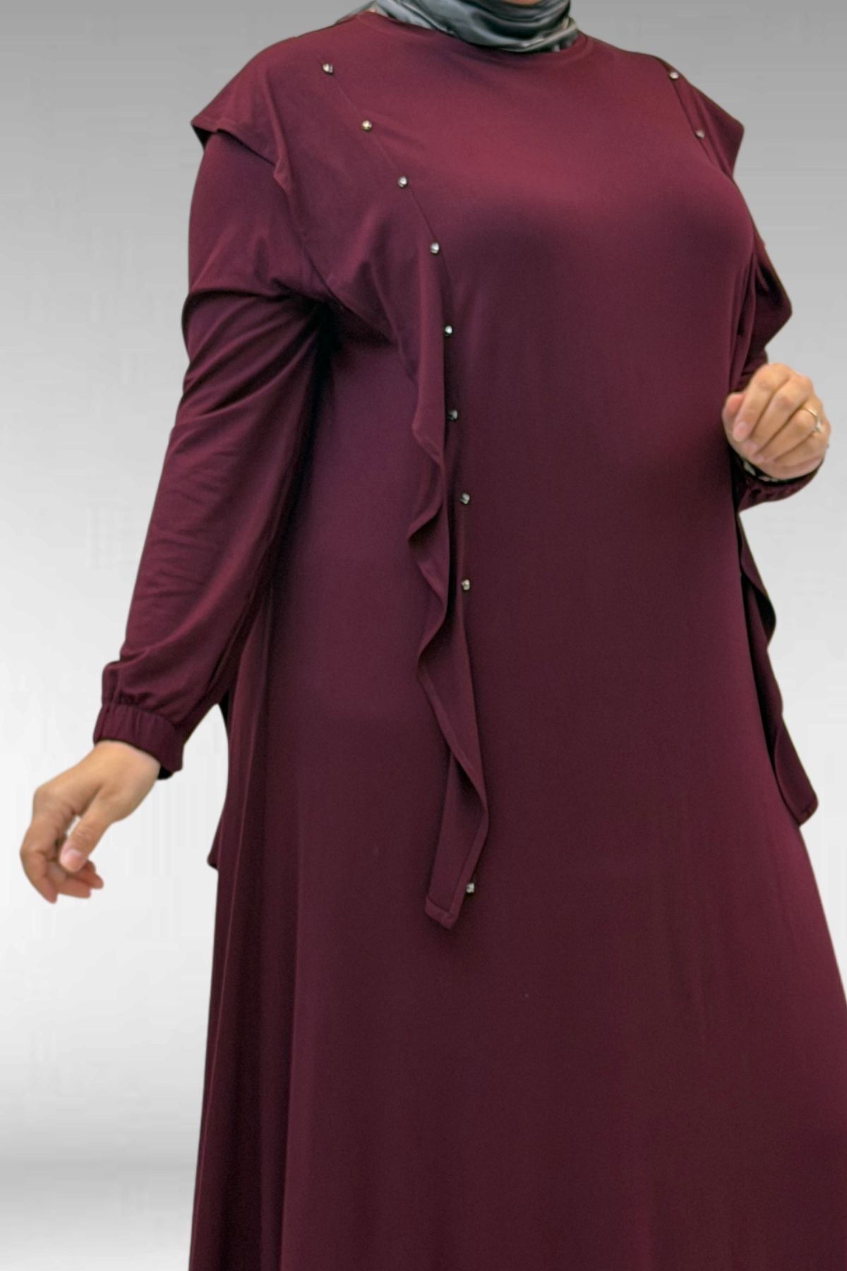 62003 Büyük Beden Omuzdan Aşağı Fırfır Detaylı Penye Elbise - Bordo