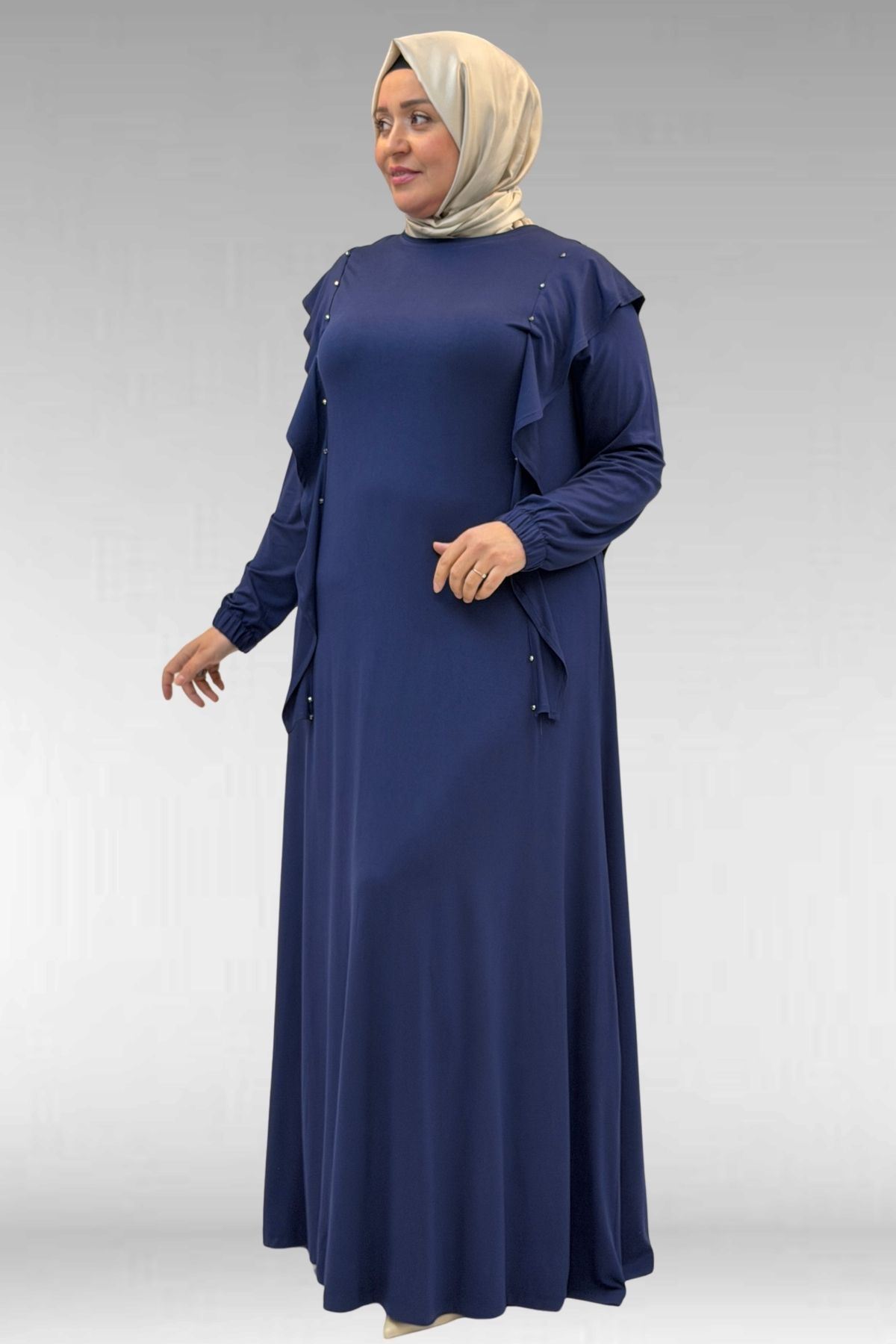 62003 Büyük Beden Omuzdan Aşağı Fırfır Detaylı Penye Elbise - İndigo