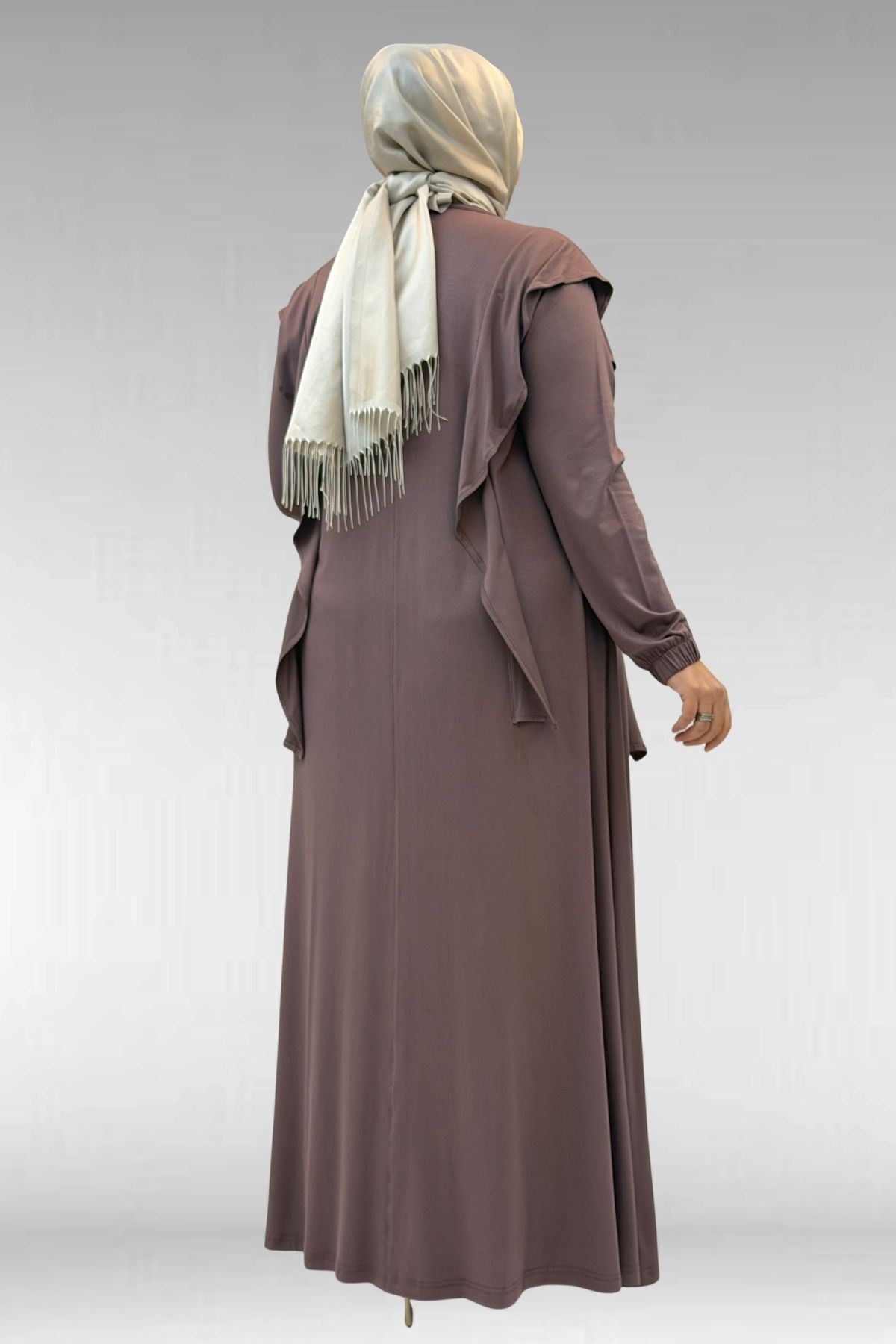 62003 Büyük Beden Omuzdan Aşağı Fırfır Detaylı Penye Elbise - Vizon