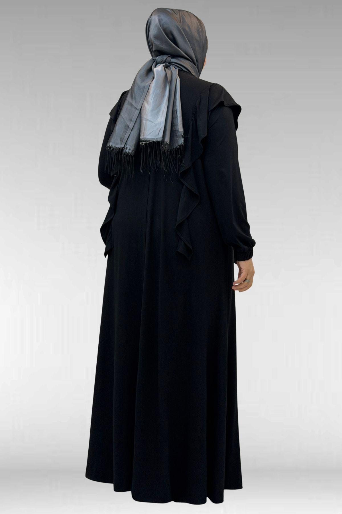 62003 Büyük Beden Omuzdan Aşağı Fırfır Detaylı Penye Elbise - Siyah