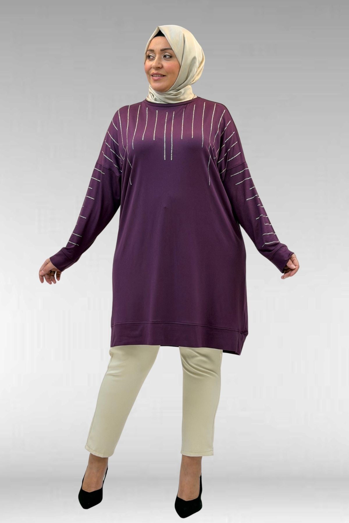 68020 Büyük Beden Damla Taş Detaylı Penye Tunik - Mürdüm