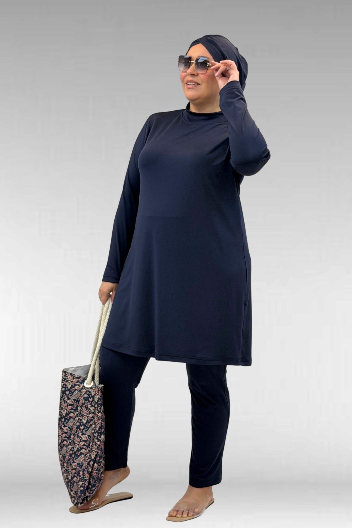 1740 Büyük Beden Düz Renk Tesettür Mayo - Lacivert