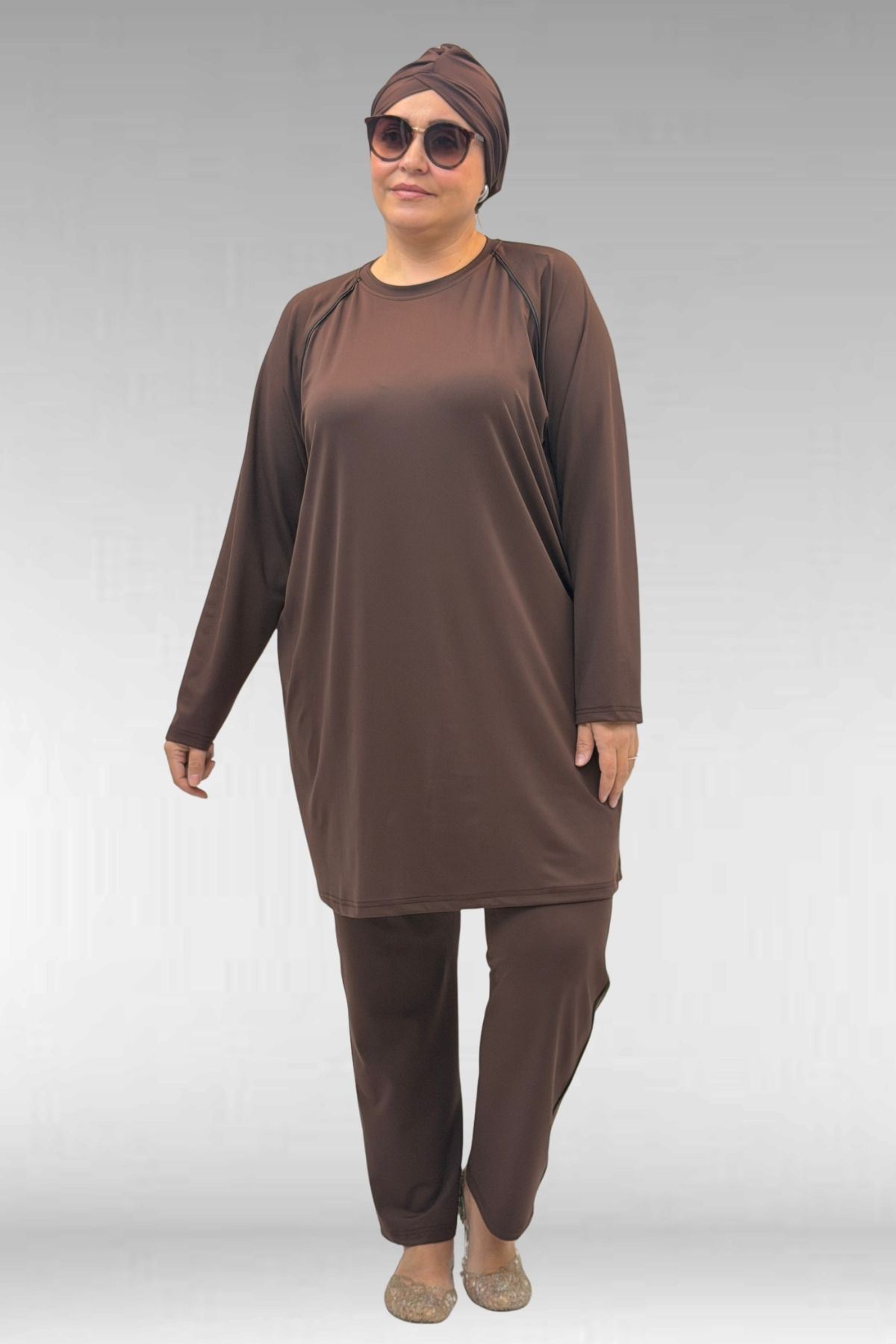 1741 Büyük Beden Kıstırma Biyeli Tesettür Mayo - Kahve