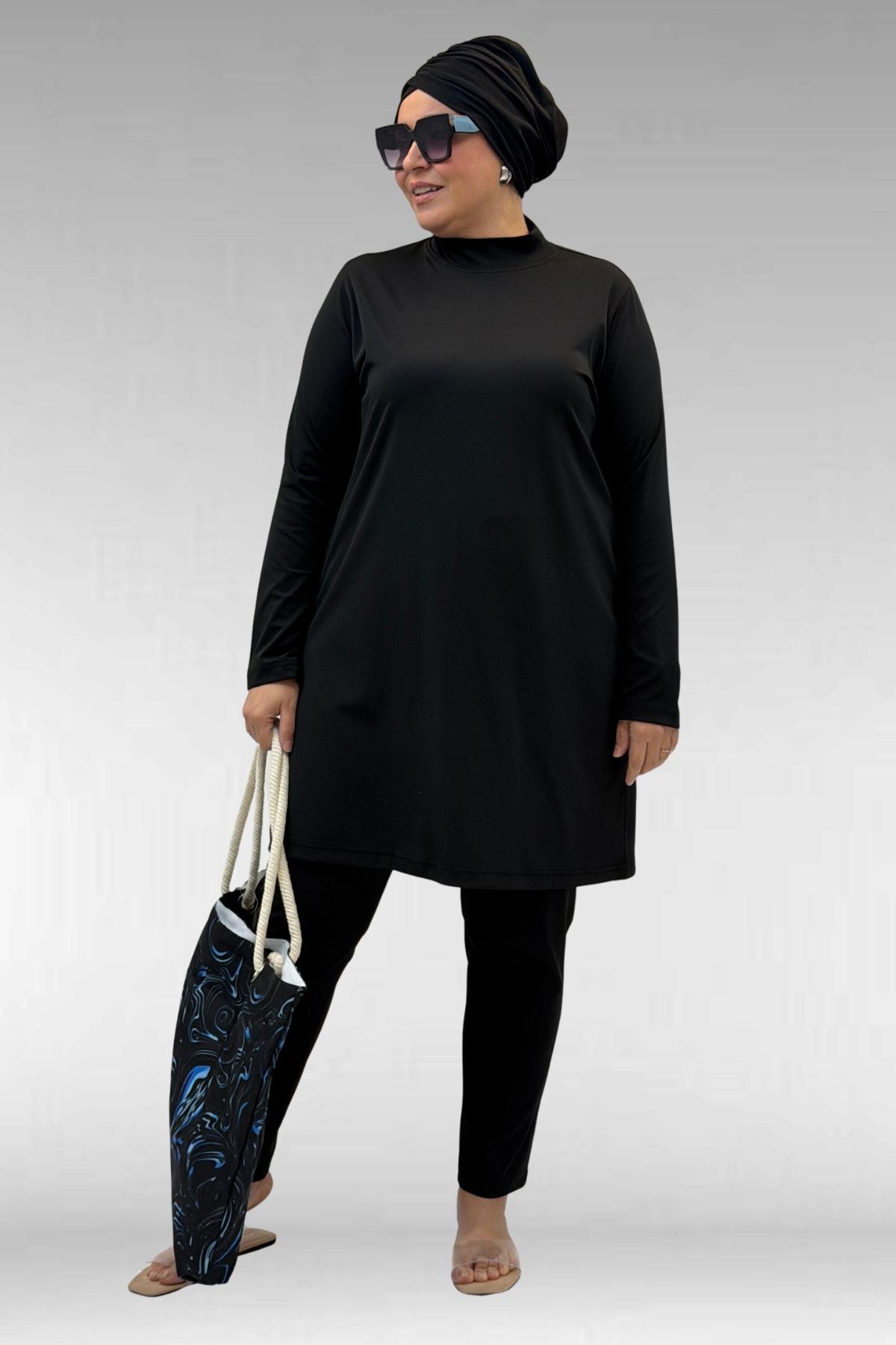 1740 Büyük Beden Düz Renk Tesettür Mayo - Siyah