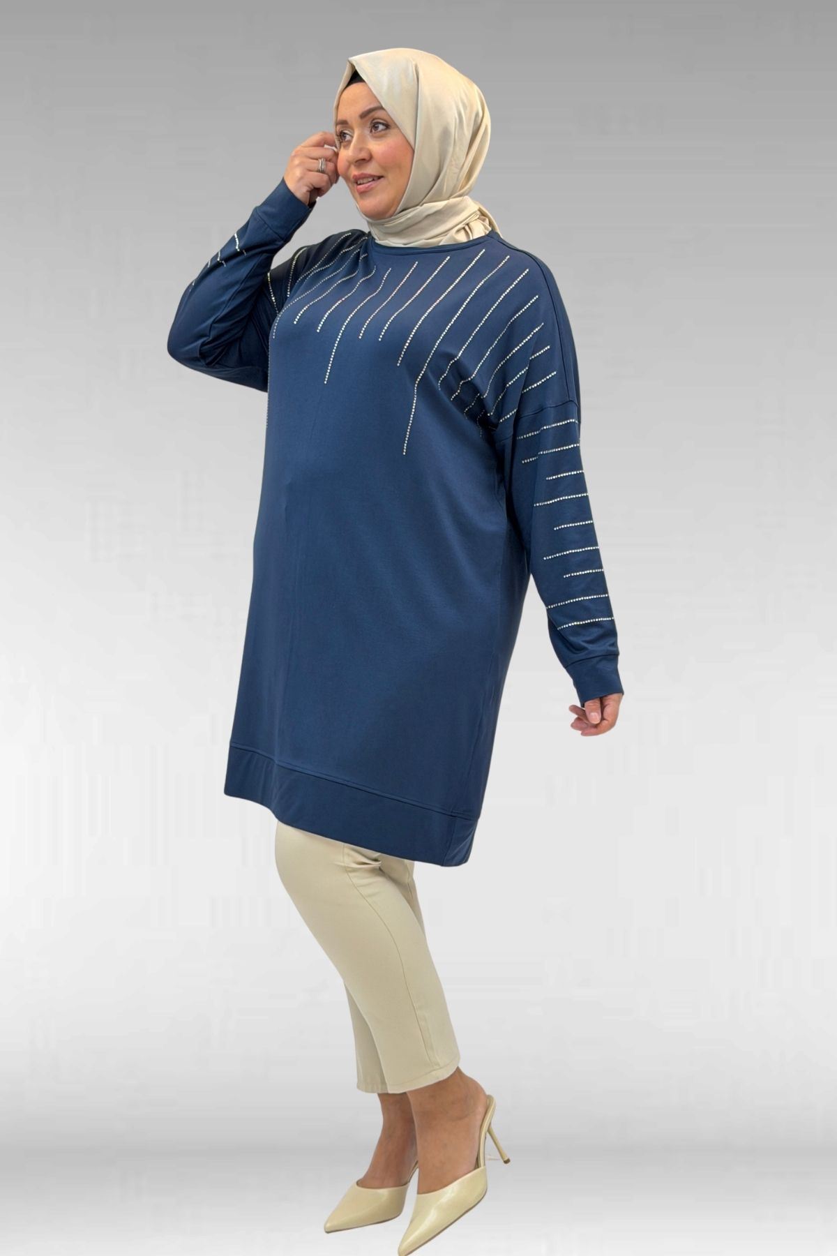 68020 Büyük Beden Damla Taş Detaylı Penye Tunik - Petrol