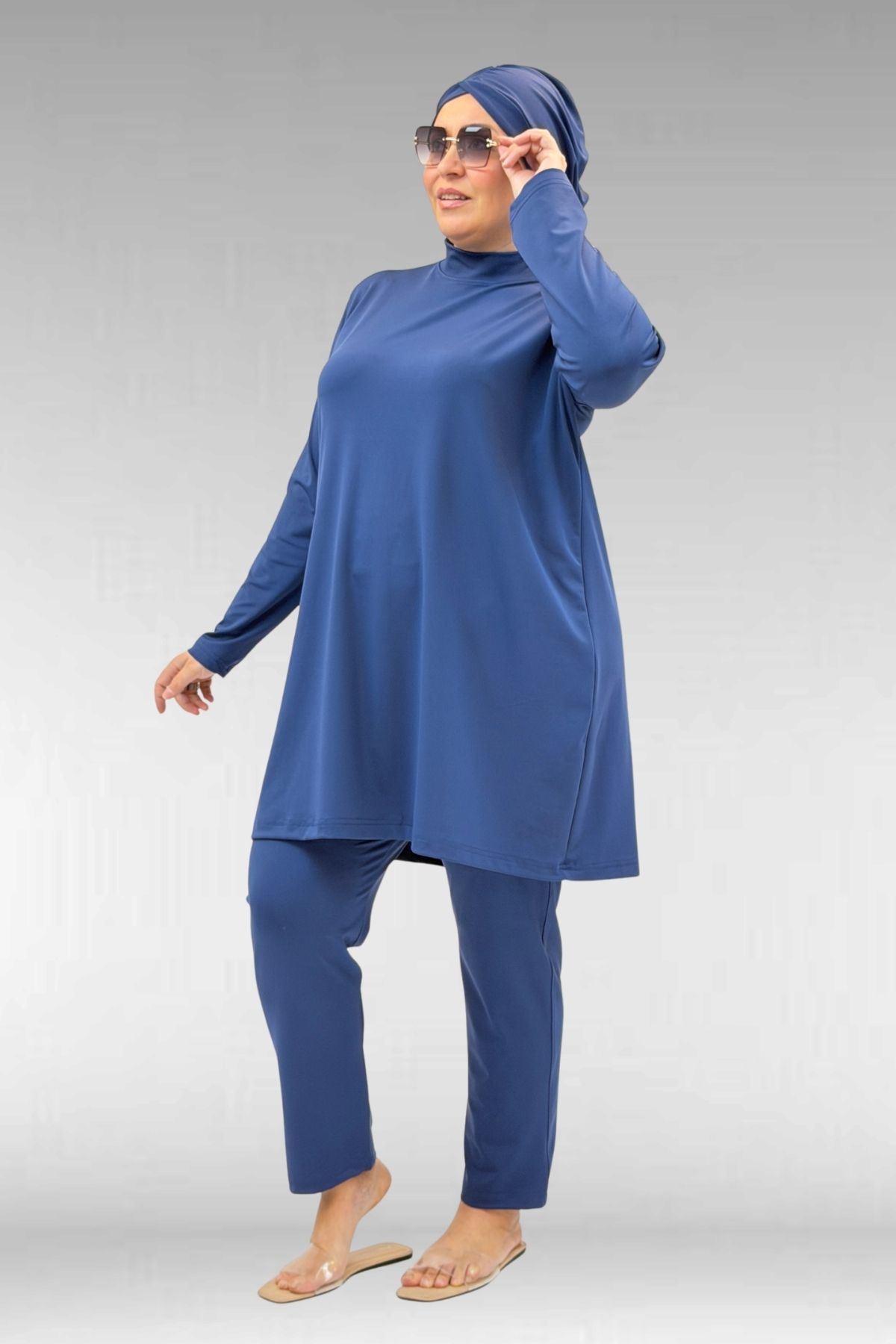 1740 Büyük Beden Düz Renk Tesettür Mayo - İndigo