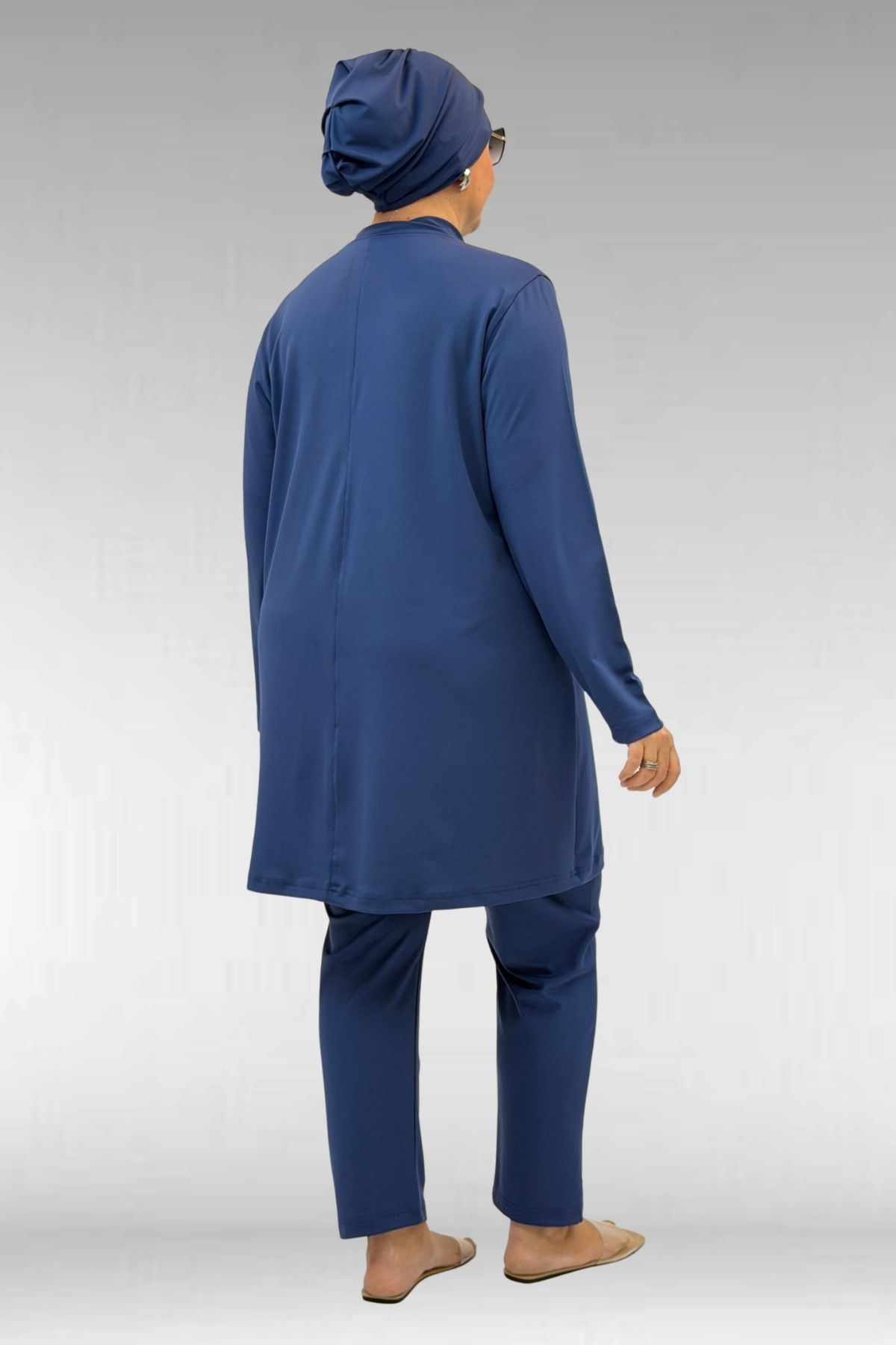 1740 Büyük Beden Düz Renk Tesettür Mayo - İndigo