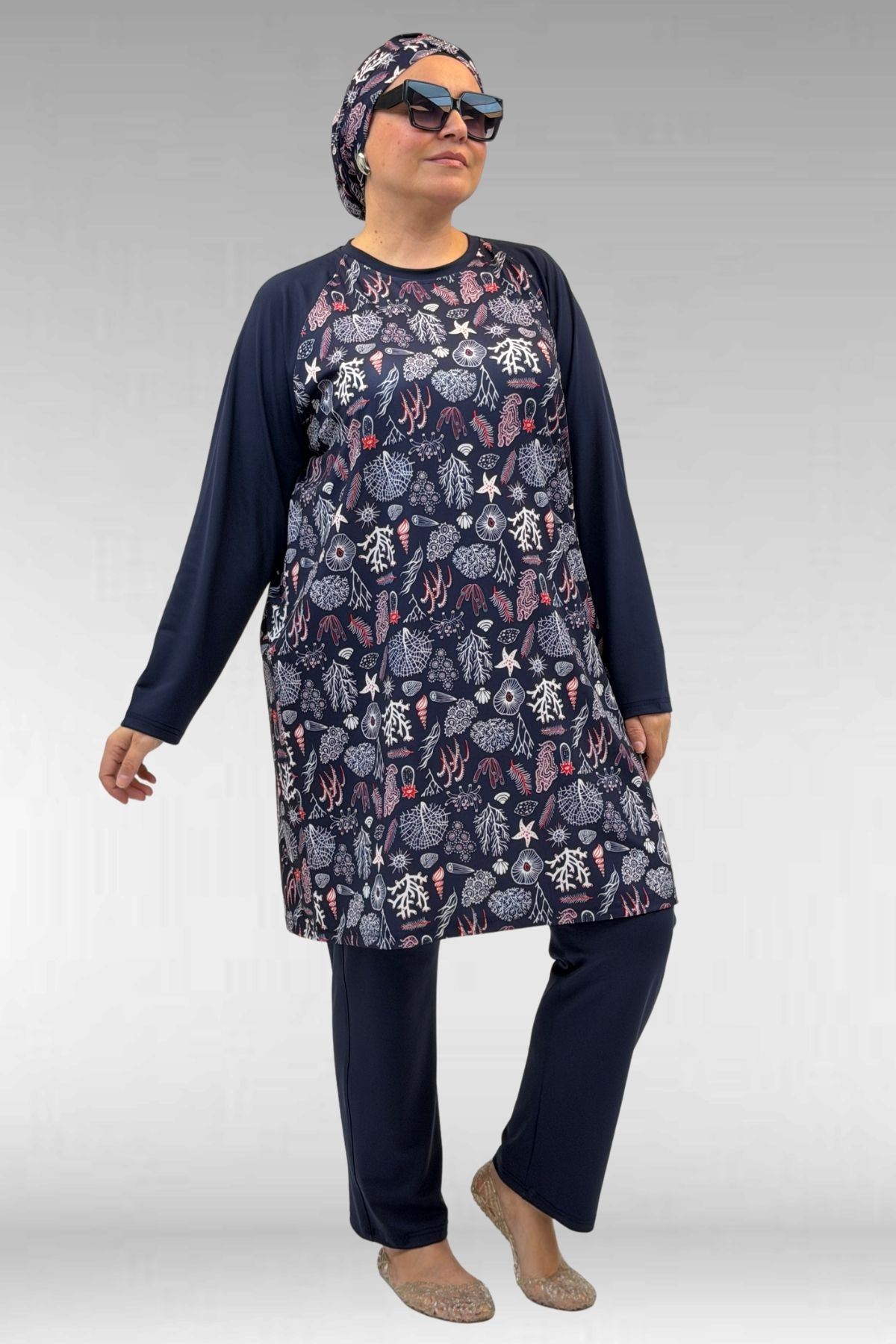 1742 Büyük Beden Uzunkol Tesettür Mayo Takım - Karışık Desen Laci