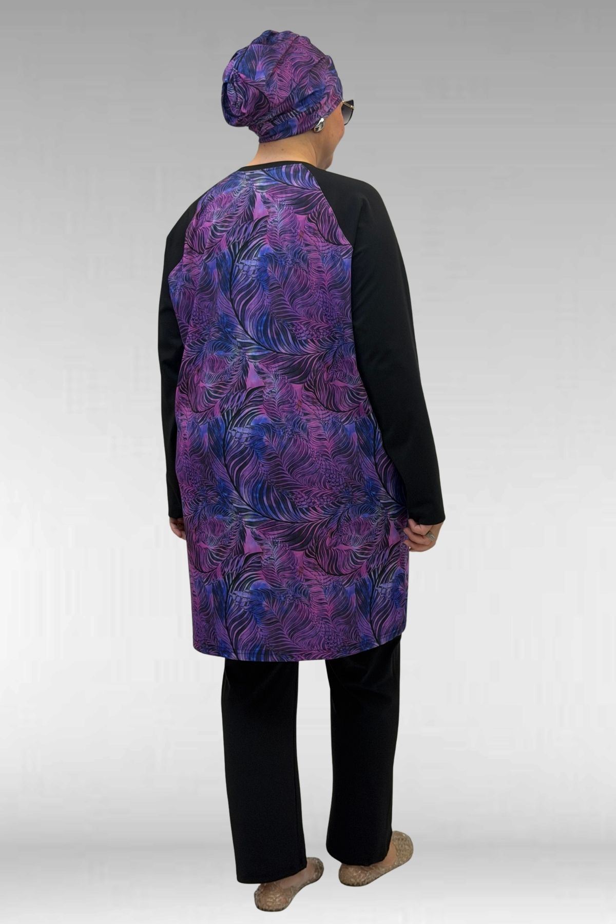 1742 Büyük Beden Uzunkol Tesettür Mayo Takım - Yaprak Desen Mor