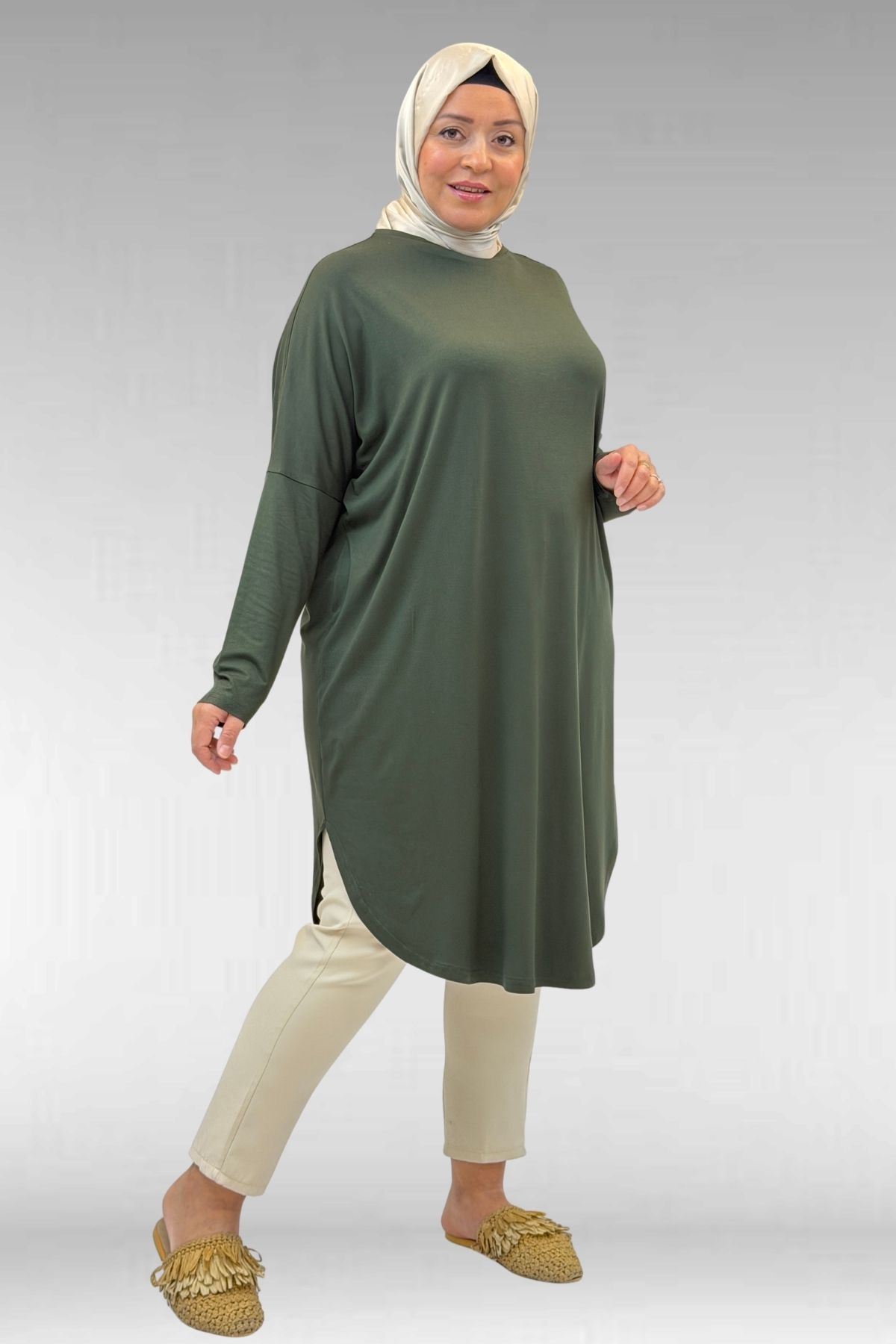 38110  Büyük Beden Düşük Kol Penye Tunik - Haki