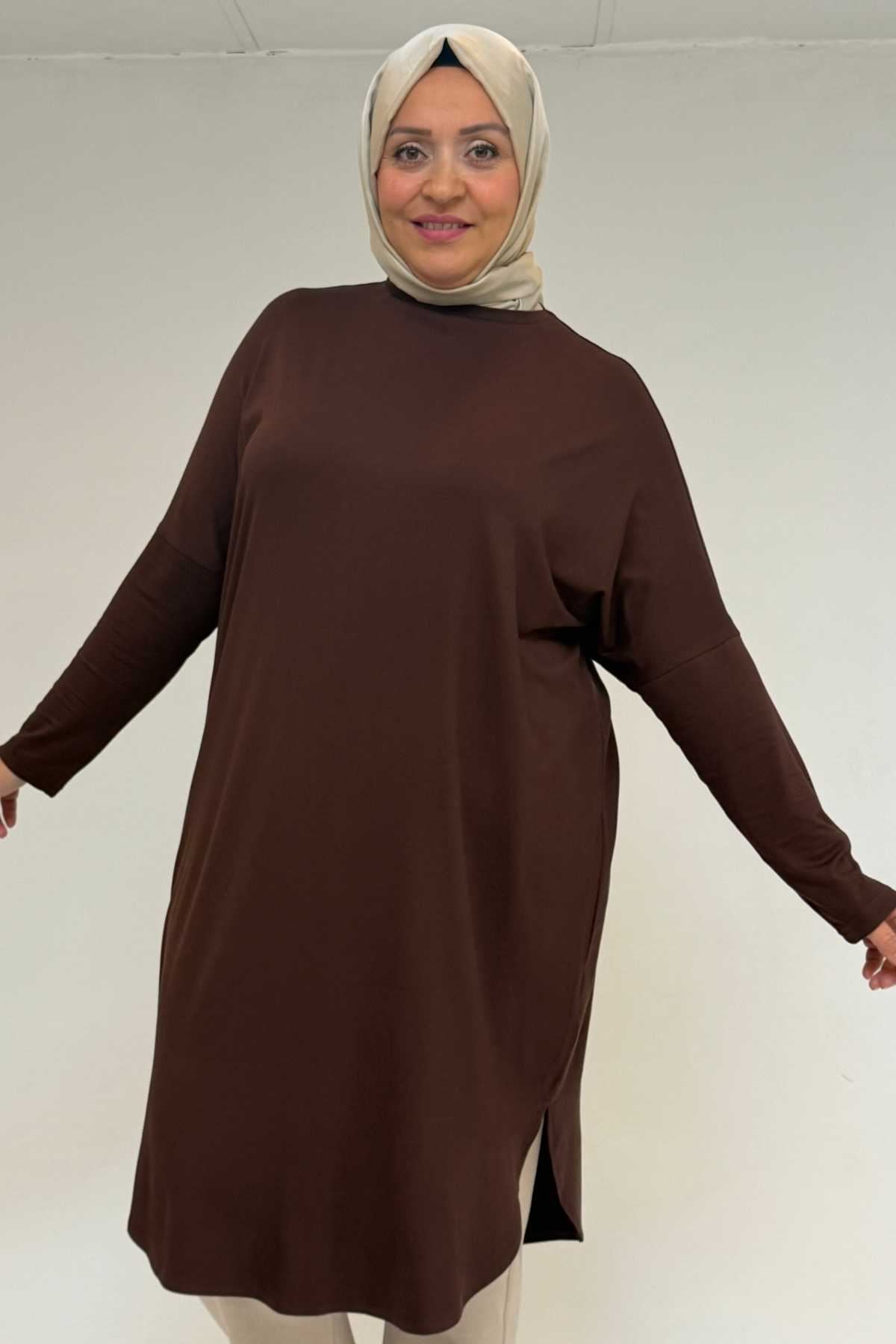 38110  Büyük Beden Düşük Kol Penye Tunik - Kahve