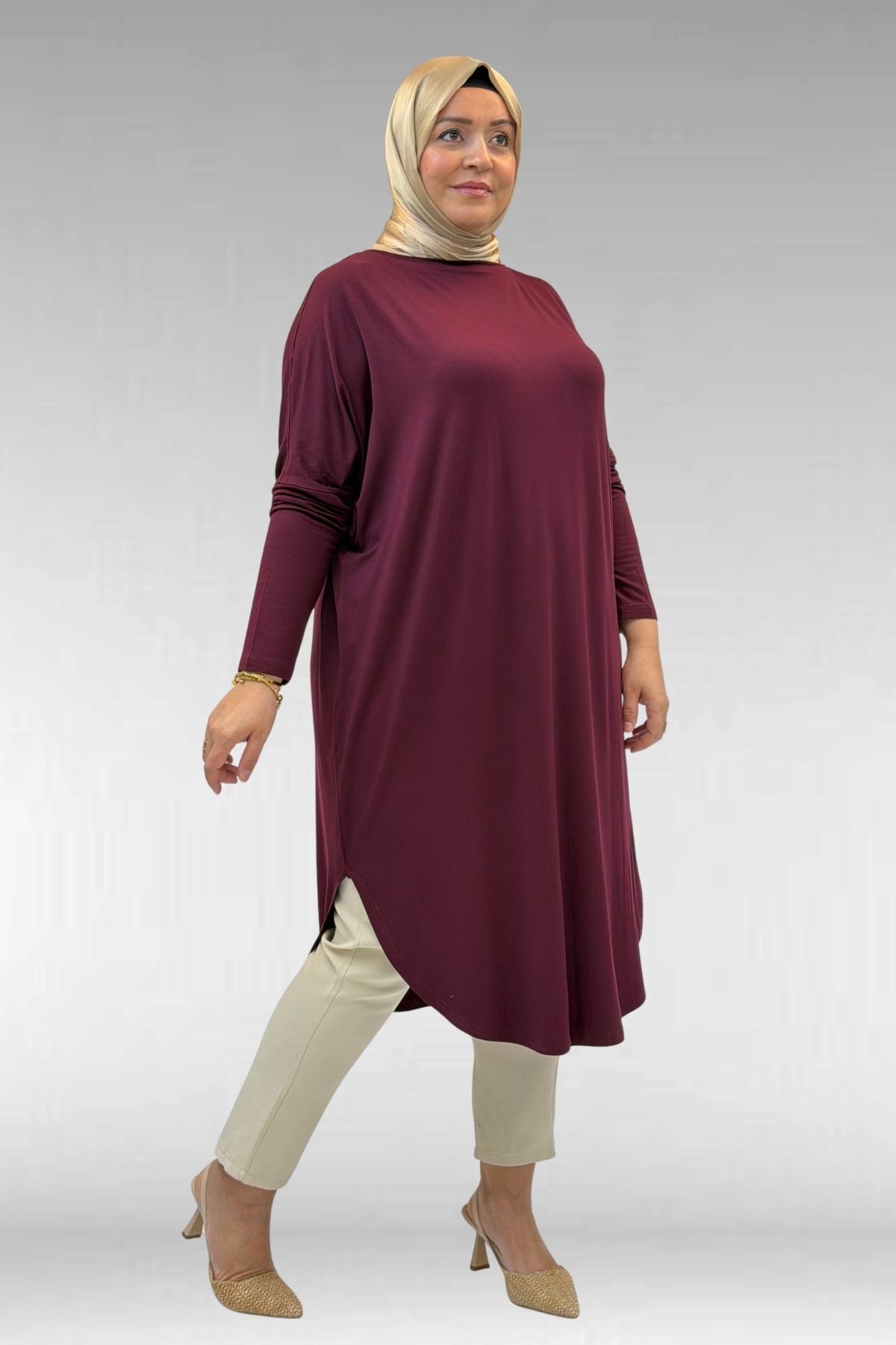 38110  Büyük Beden Düşük Kol Penye Tunik - Bordo