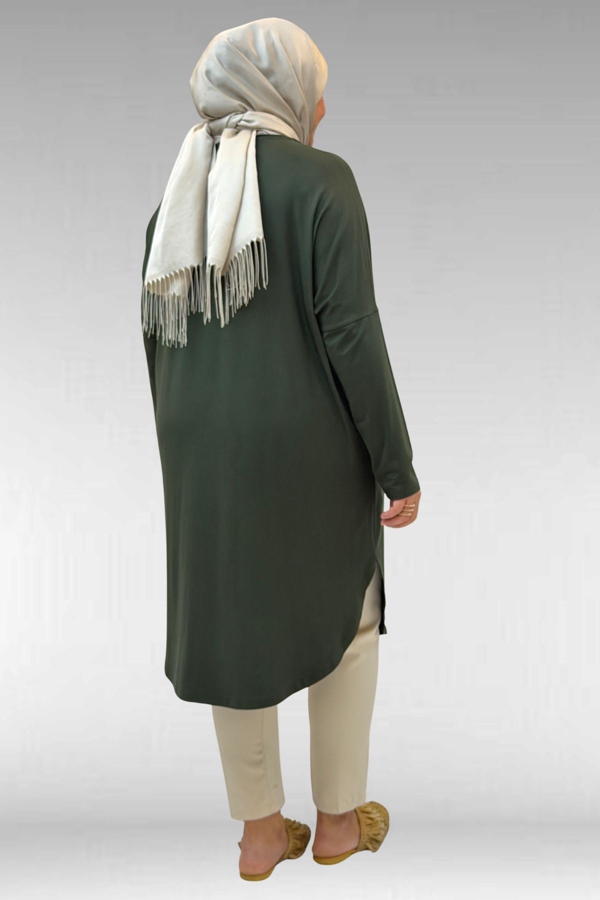 38110  Büyük Beden Düşük Kol Penye Tunik - Haki