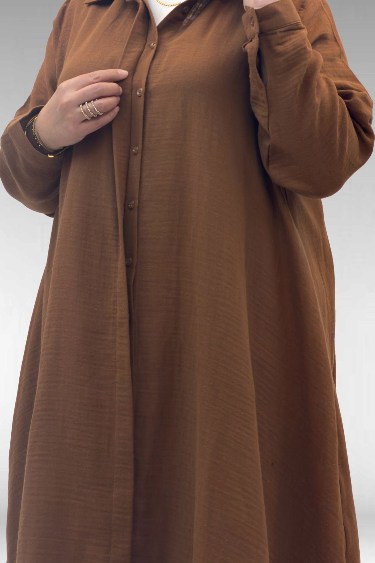 58093 Büyük Beden Mevlana Kesim Müslin Gömlek - Kahve