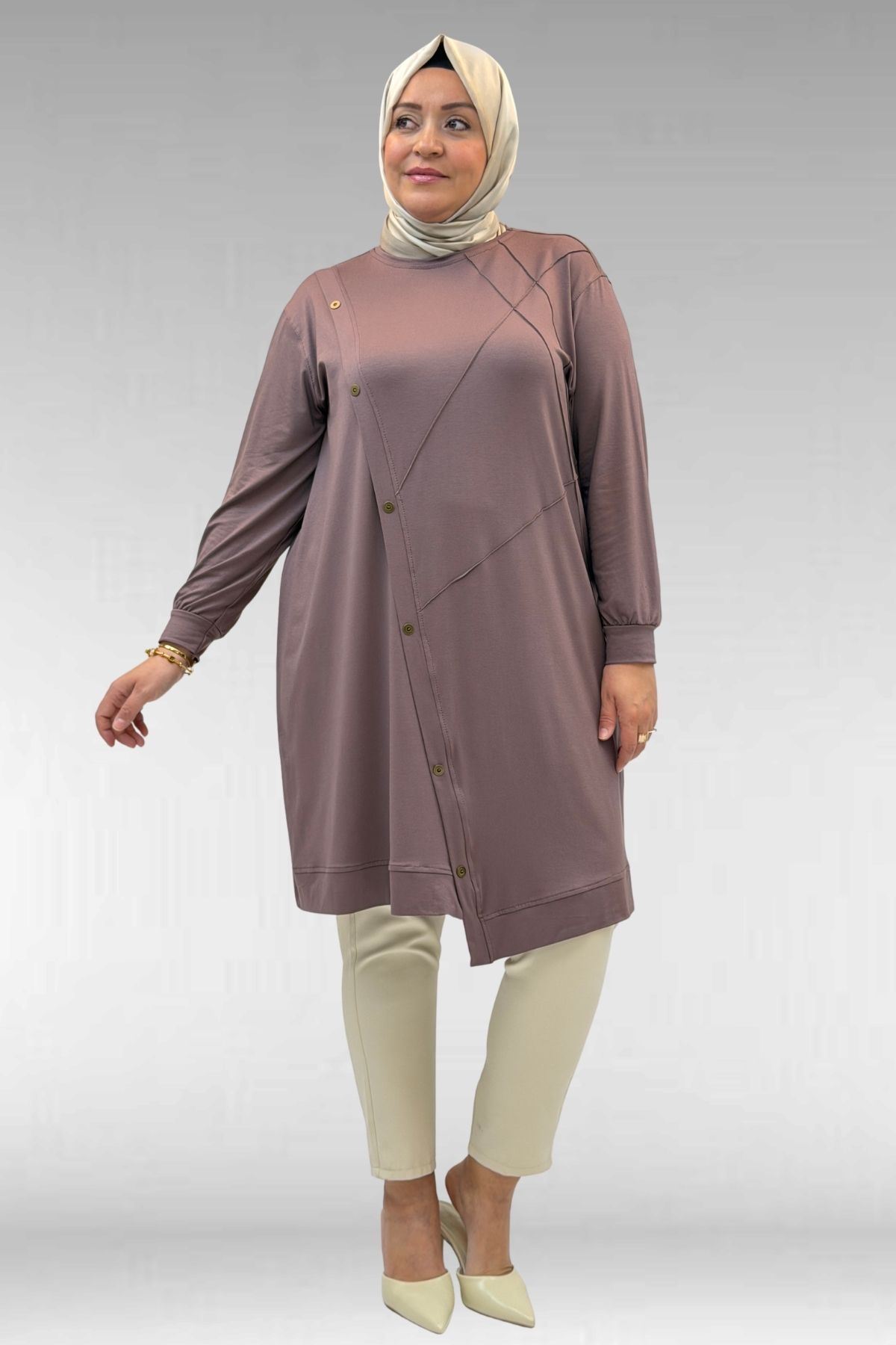 68006 Büyük Beden Pat Üzeri Düğme Detaylı Penye Tunik - Vizon