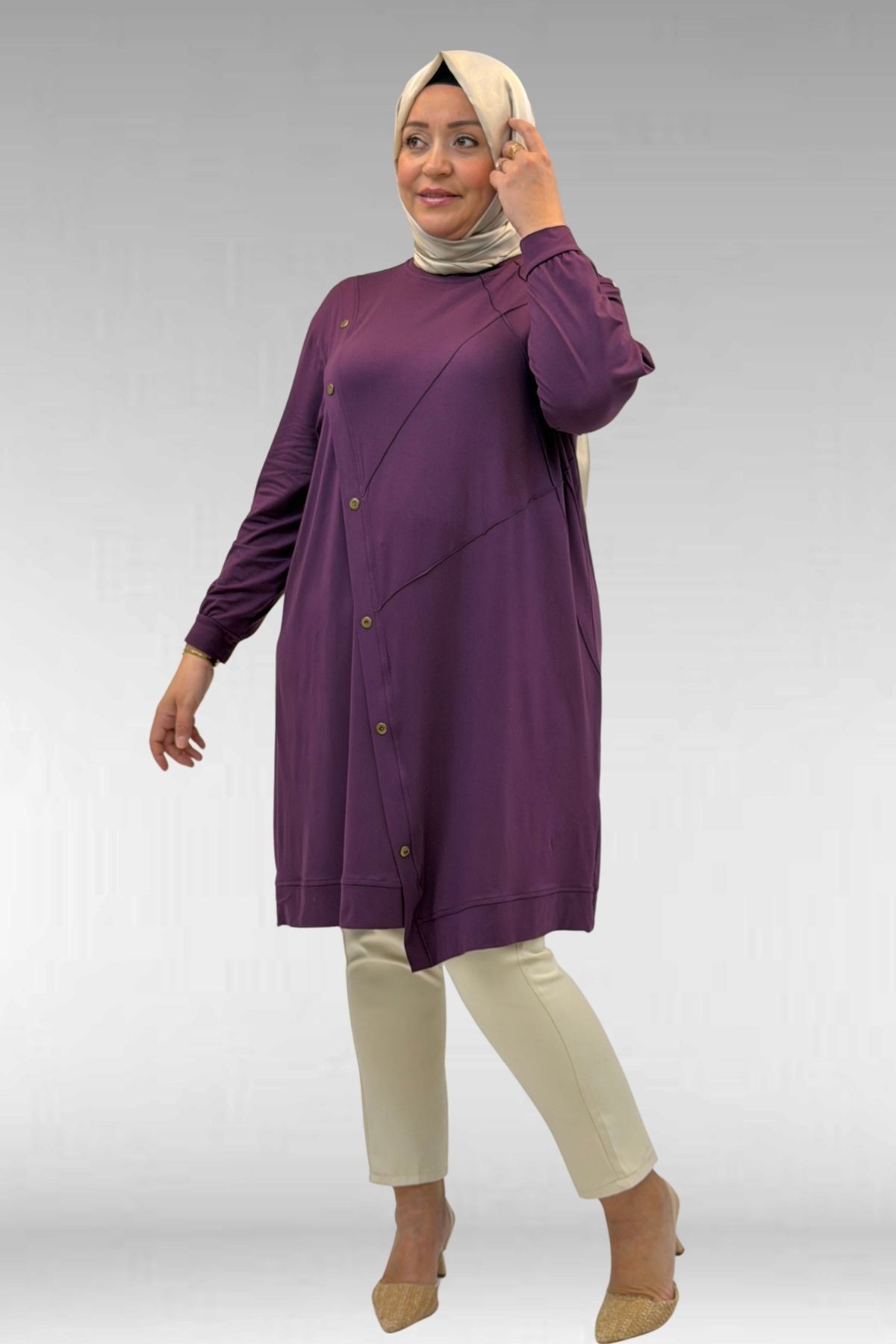 68006 Büyük Beden Pat Üzeri Düğme Detaylı Penye Tunik - Mürdüm