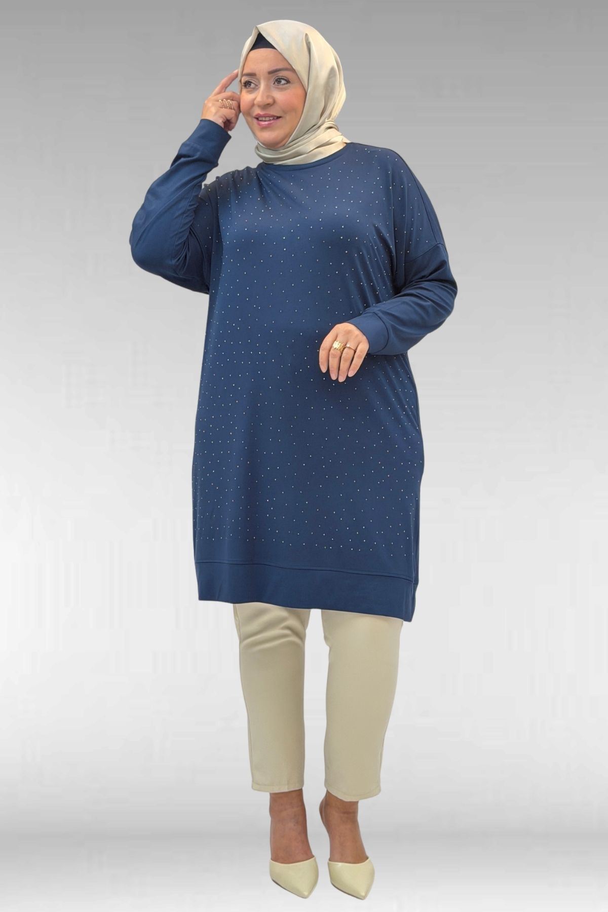 68001 Büyük Beden Önü Taş Baskı Detaylı Penye Tunik - Petrol