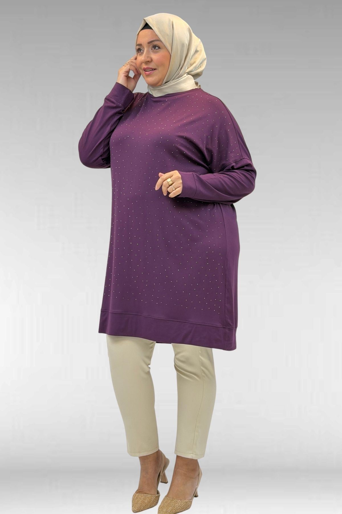 68001 Büyük Beden Önü Taş Baskı Detaylı Penye Tunik - Mürdüm