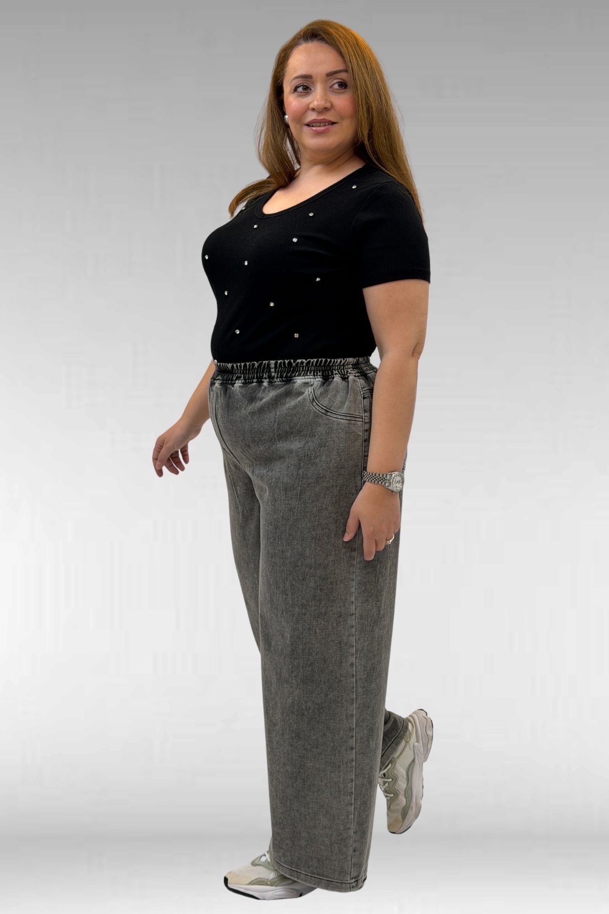 69003 Büyük Beden Beli Lastikli Bolpaça Kot Pantolon - Antrasit