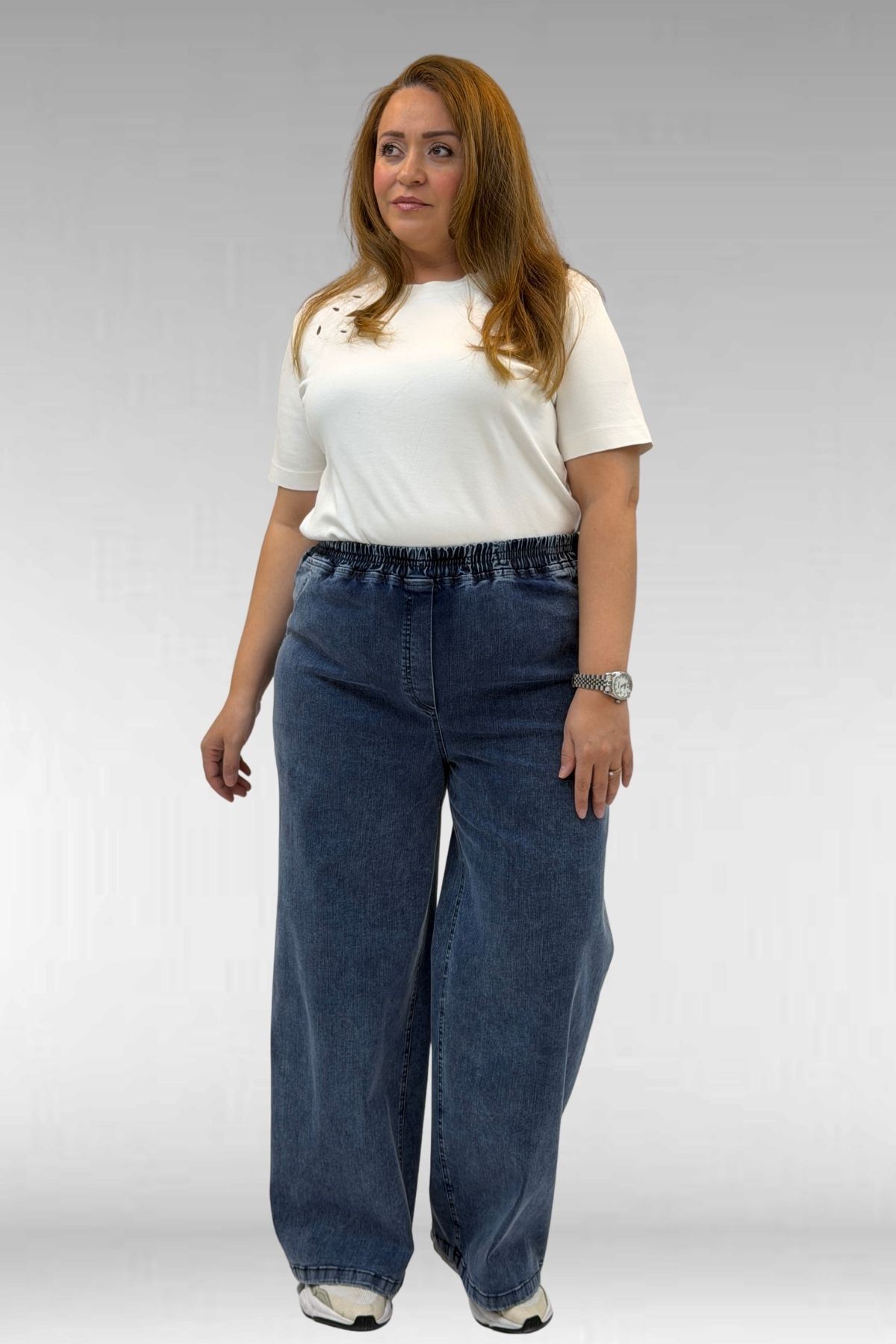 69003 Büyük Beden Beli Lastikli Bolpaça Kot Pantolon - Koyu Mavi