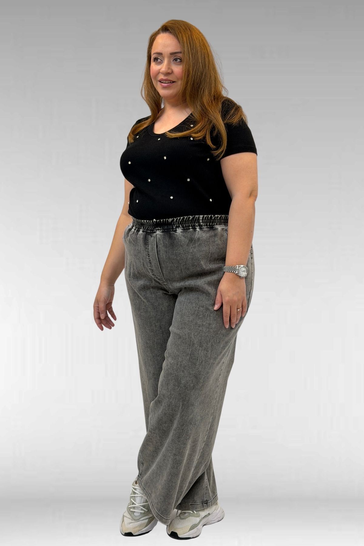 69003 Büyük Beden Beli Lastikli Bolpaça Kot Pantolon - Antrasit