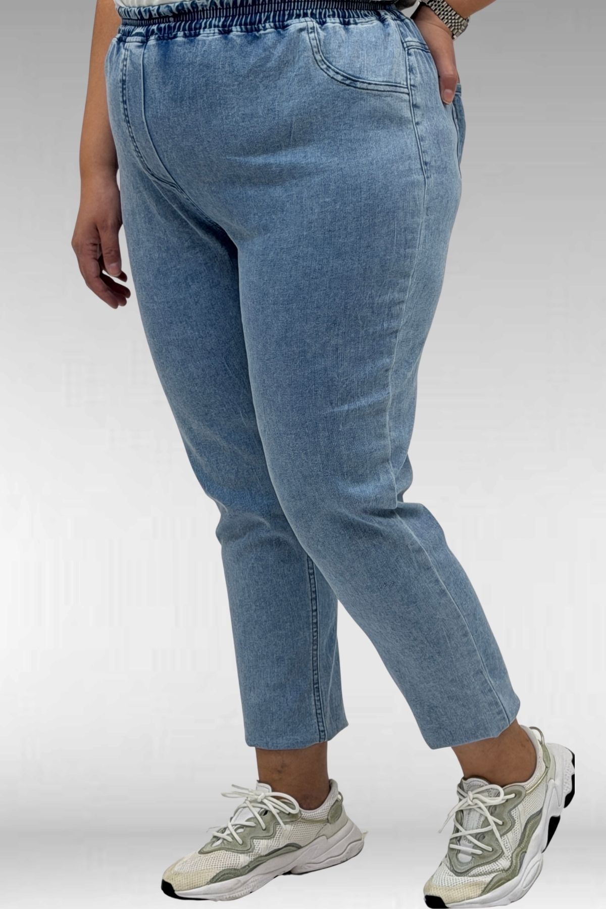 69002 Büyük Beden Beli Lastikli Darpaça Uzun Kot Pantolon - Açık Mavi