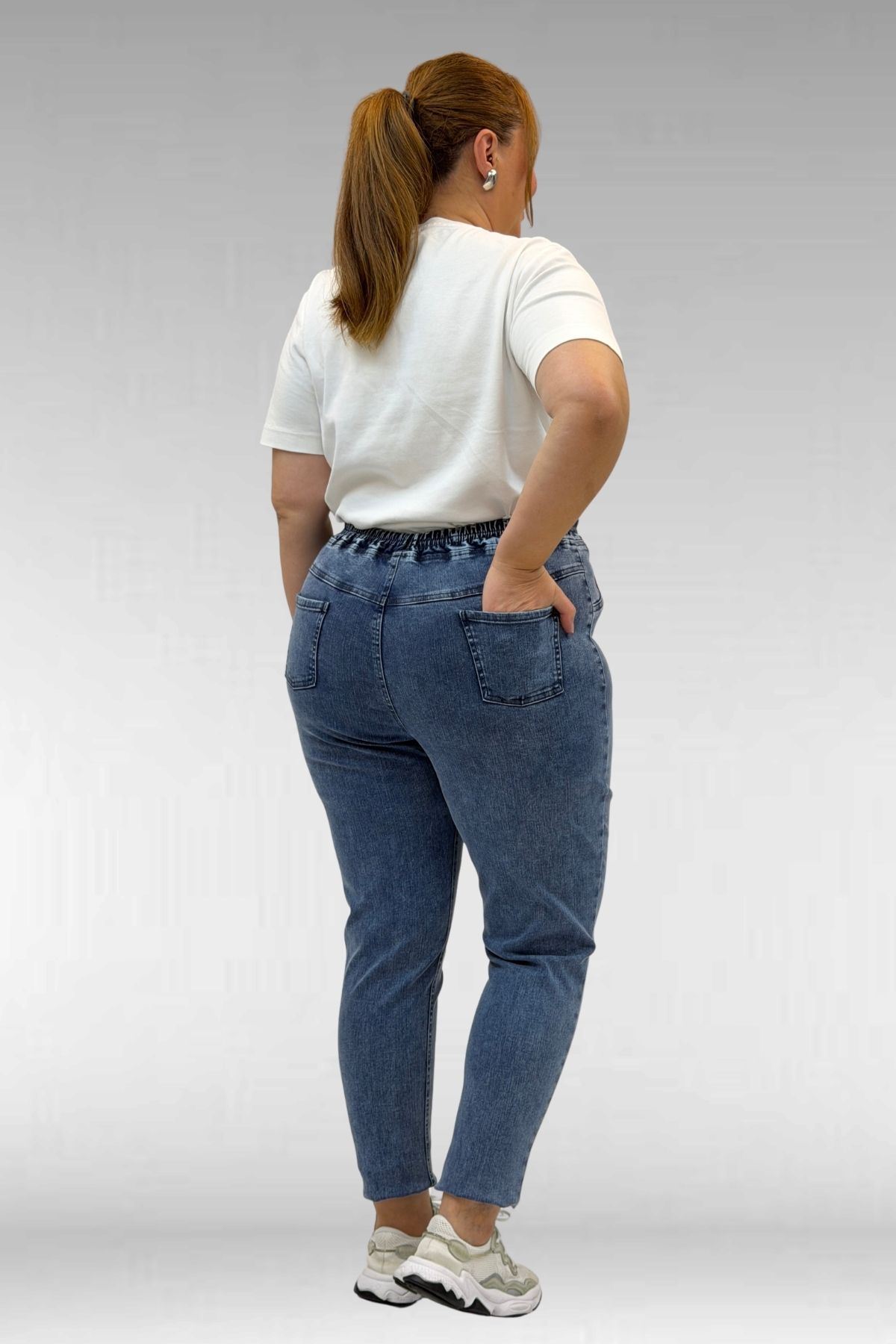 69002 Büyük Beden Beli Lastikli Darpaça Uzun Kot Pantolon - Koyu Mavi