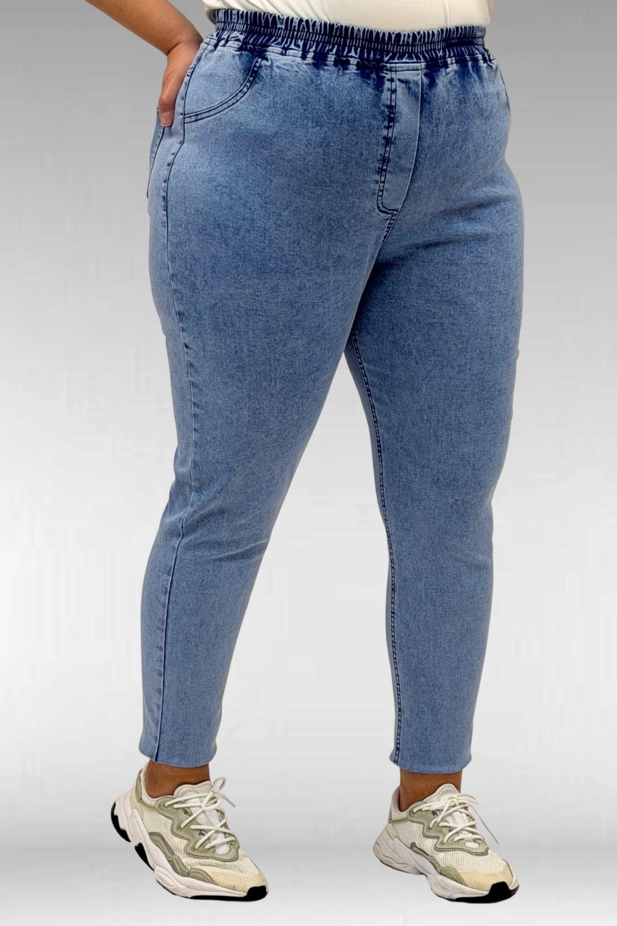 69002 Büyük Beden Beli Lastikli Darpaça Uzun Kot Pantolon - Mavi