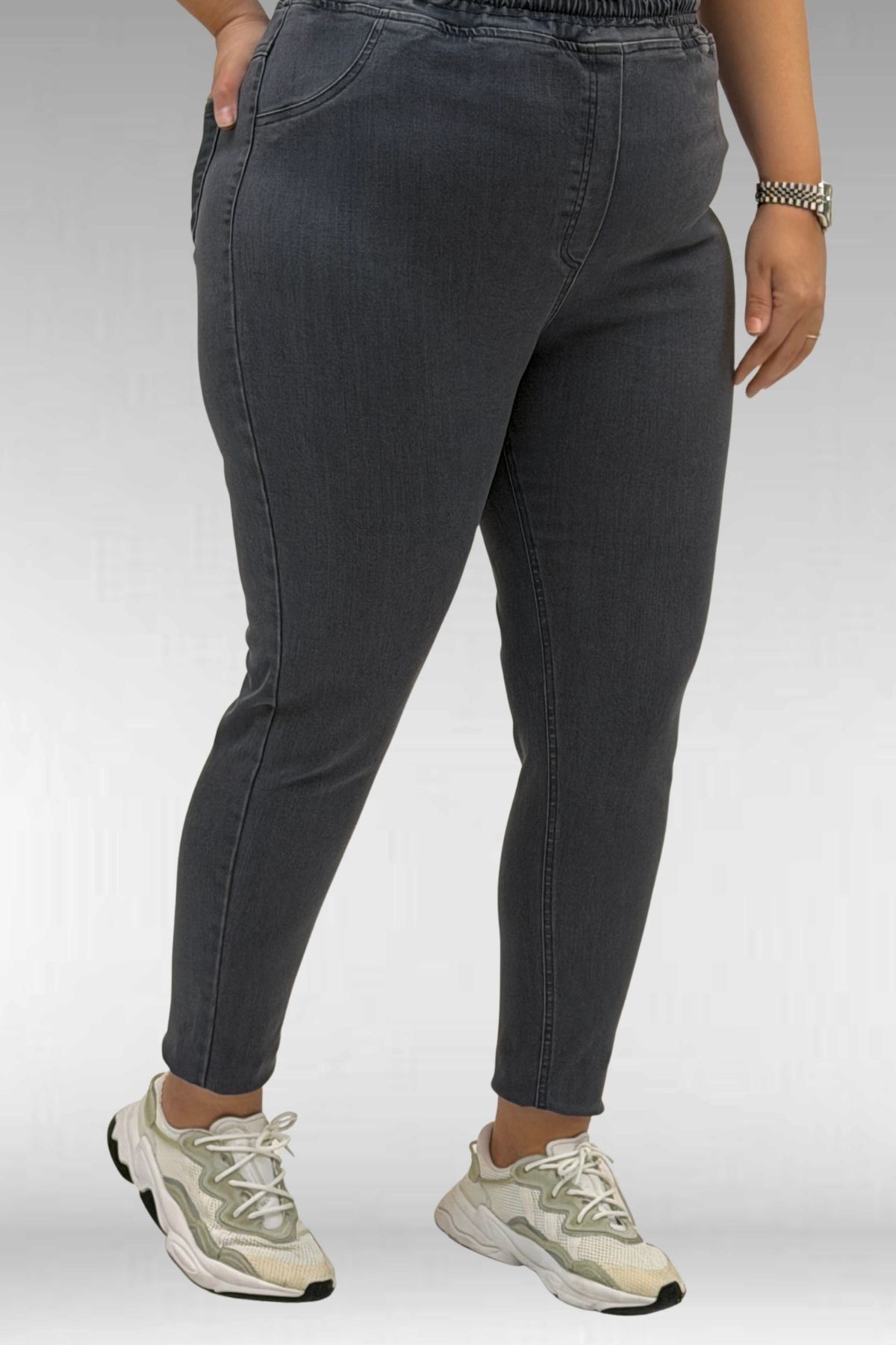 69002 Büyük Beden Beli Lastikli Darpaça Uzun Kot Pantolon - Koyu Gri