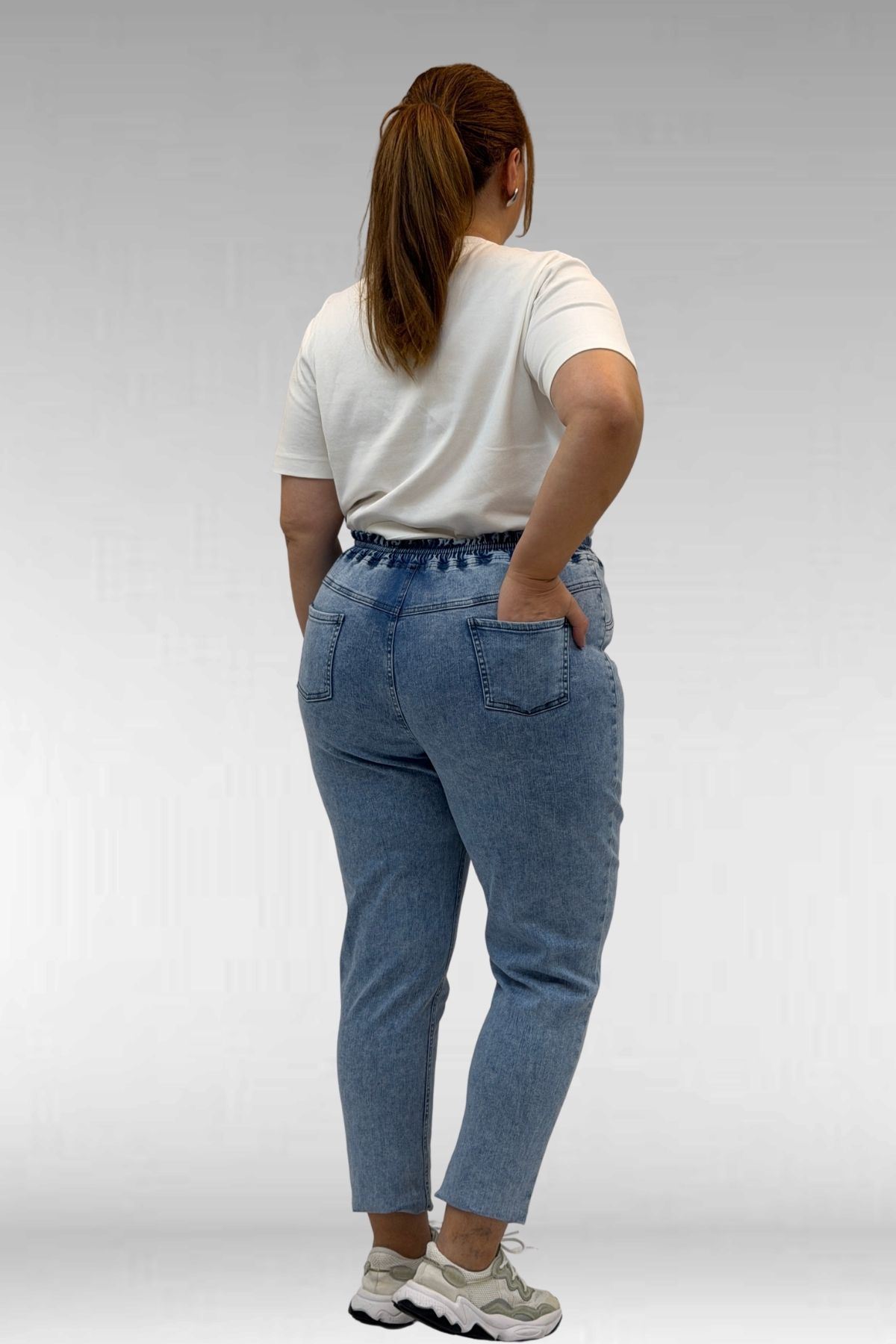 69002 Büyük Beden Beli Lastikli Darpaça Uzun Kot Pantolon - Kar Yıkama Mavi