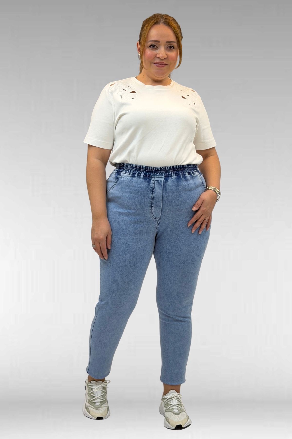 69002 Büyük Beden Beli Lastikli Darpaça Uzun Kot Pantolon - Mavi