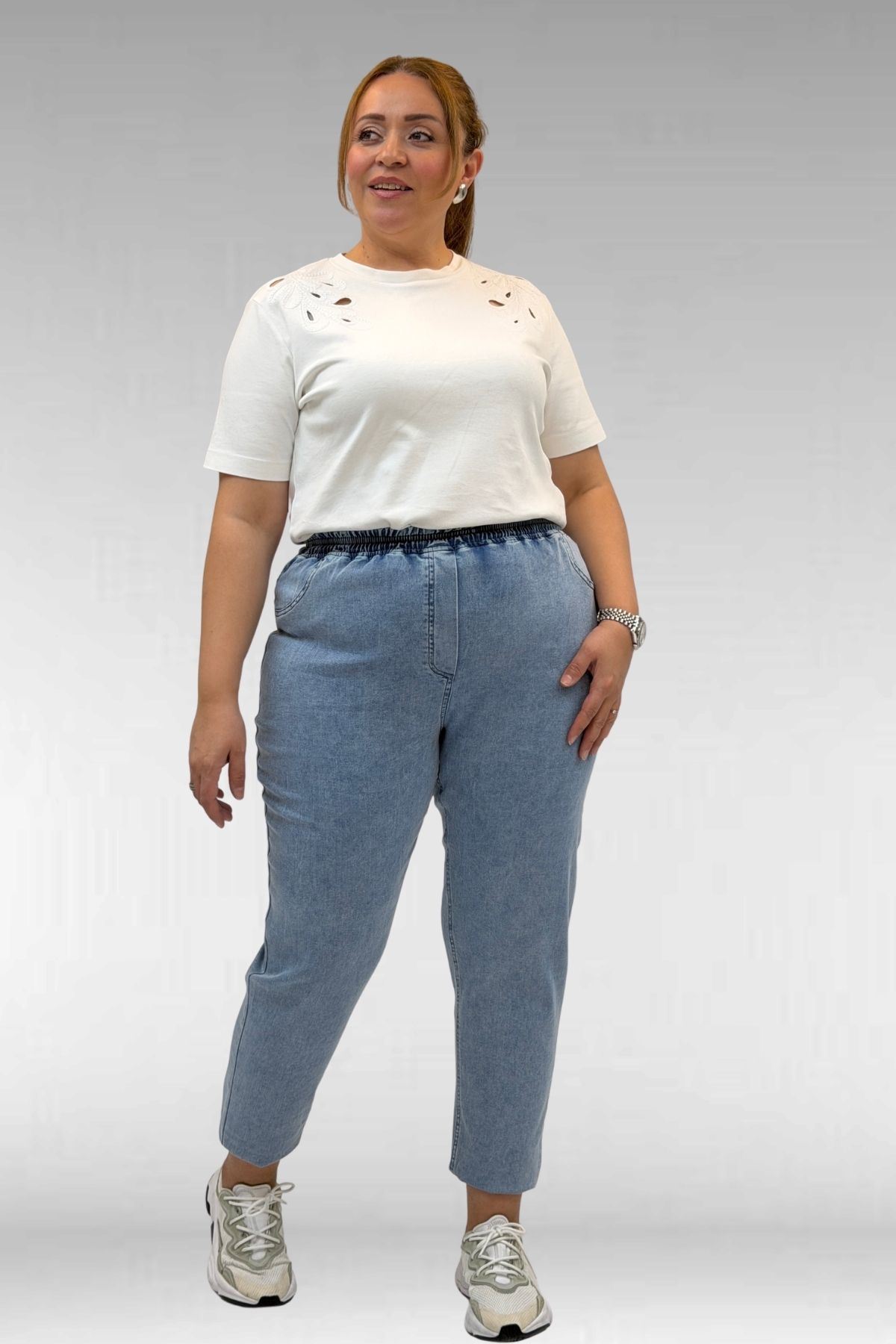 69002 Büyük Beden Beli Lastikli Darpaça Uzun Kot Pantolon - Açık Mavi