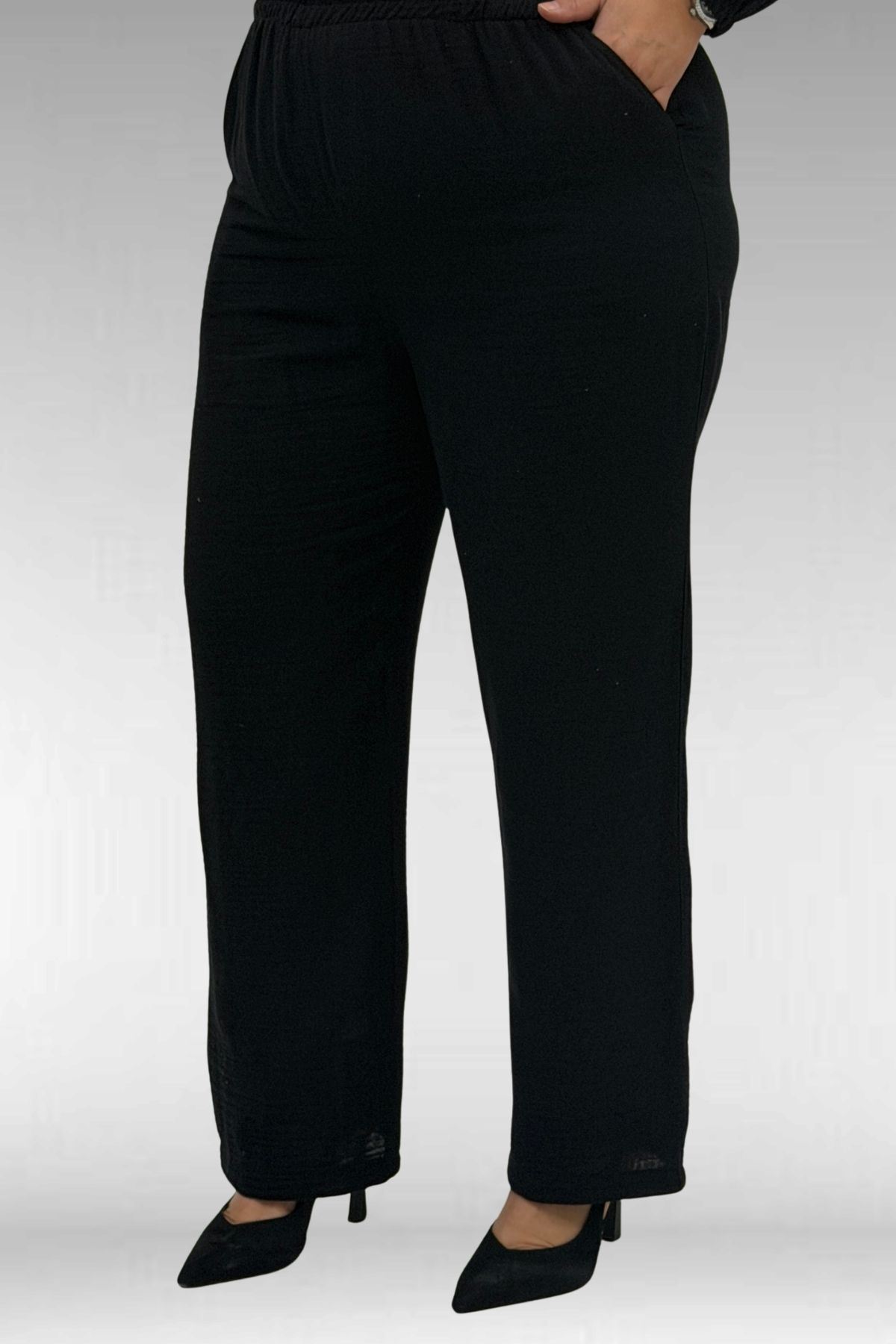 67044 Büyük Beden Asimetrik Kesim Pantolonlu Müslin Takım - Siyah